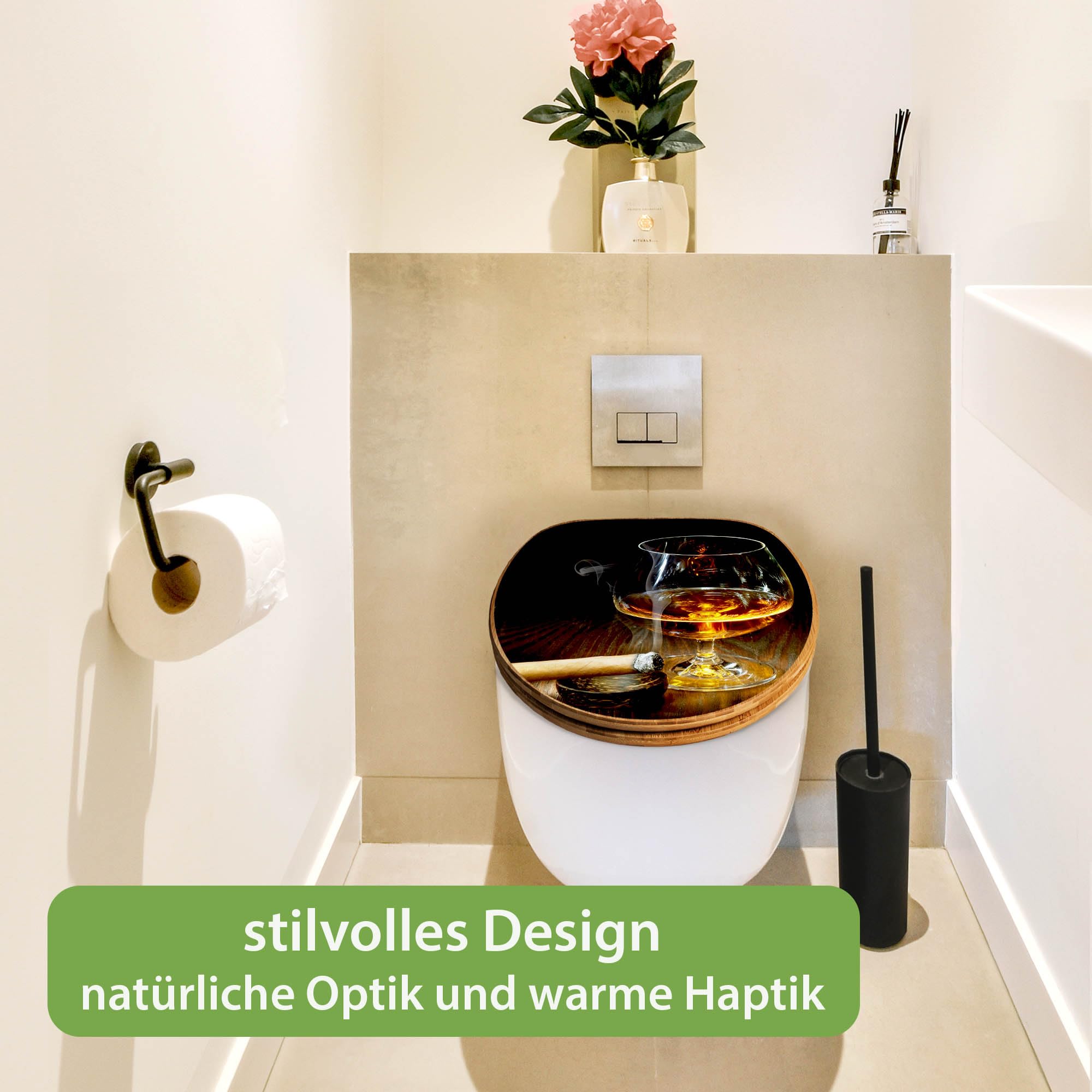 banjado Design WC Sitz Bambus Absenkautomatik 45,8x37,5cm - Toilettendeckel mit Absenkautomatik Holz - hochwertiger Bambus Klodeckel - WC-Sitz für gängigen Toiletten - Motiv Whiskey & Cigar