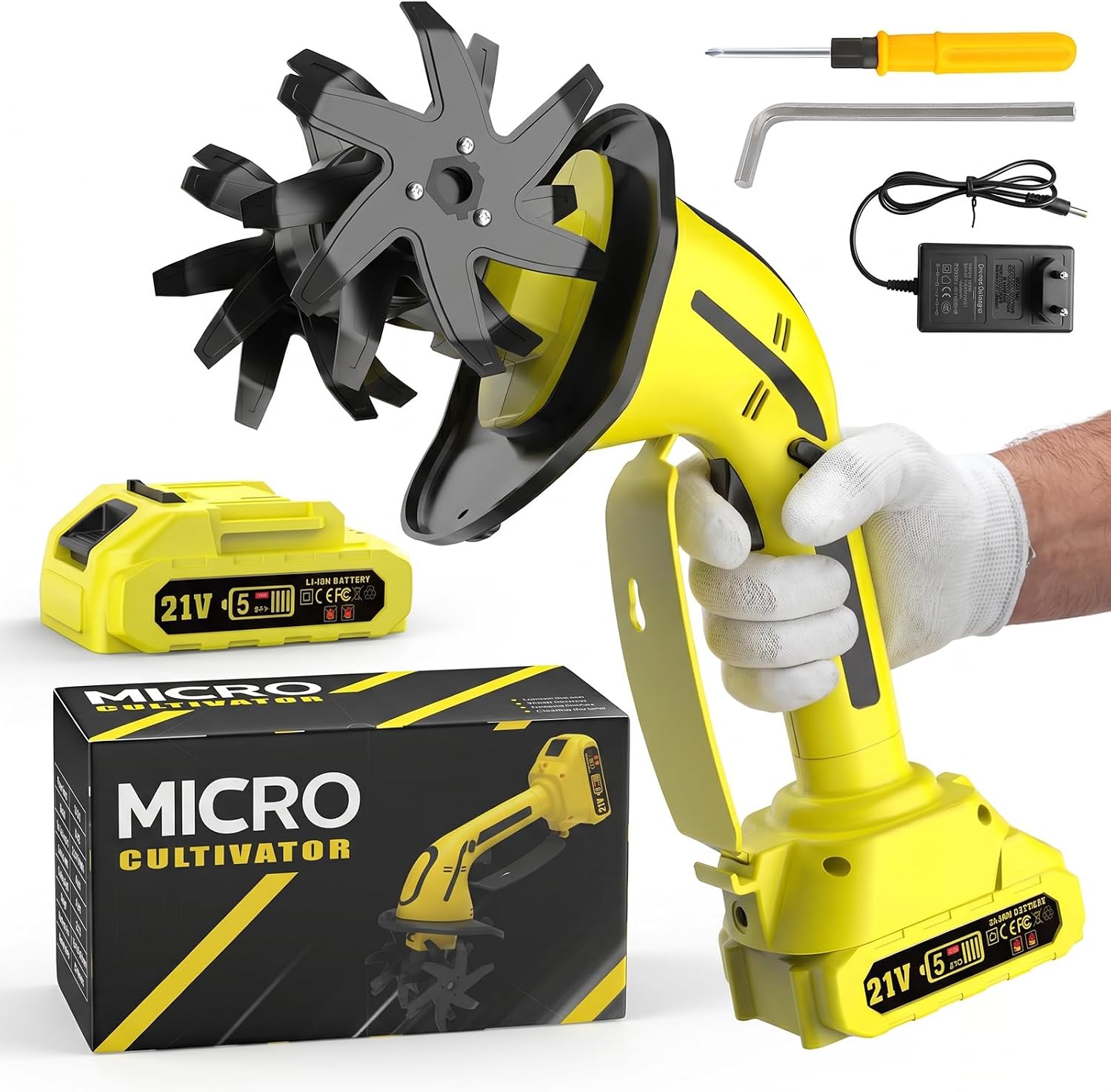 GARDTECH Cordless Tiller Cultivator, 235RPM Electric Hand Tiller with 2.0Ah Battery, 4" Tilling Width & Depth, Powerful Mini Garden Tiller for Gardening, Raised Bed & Soil Loosening,Yellow