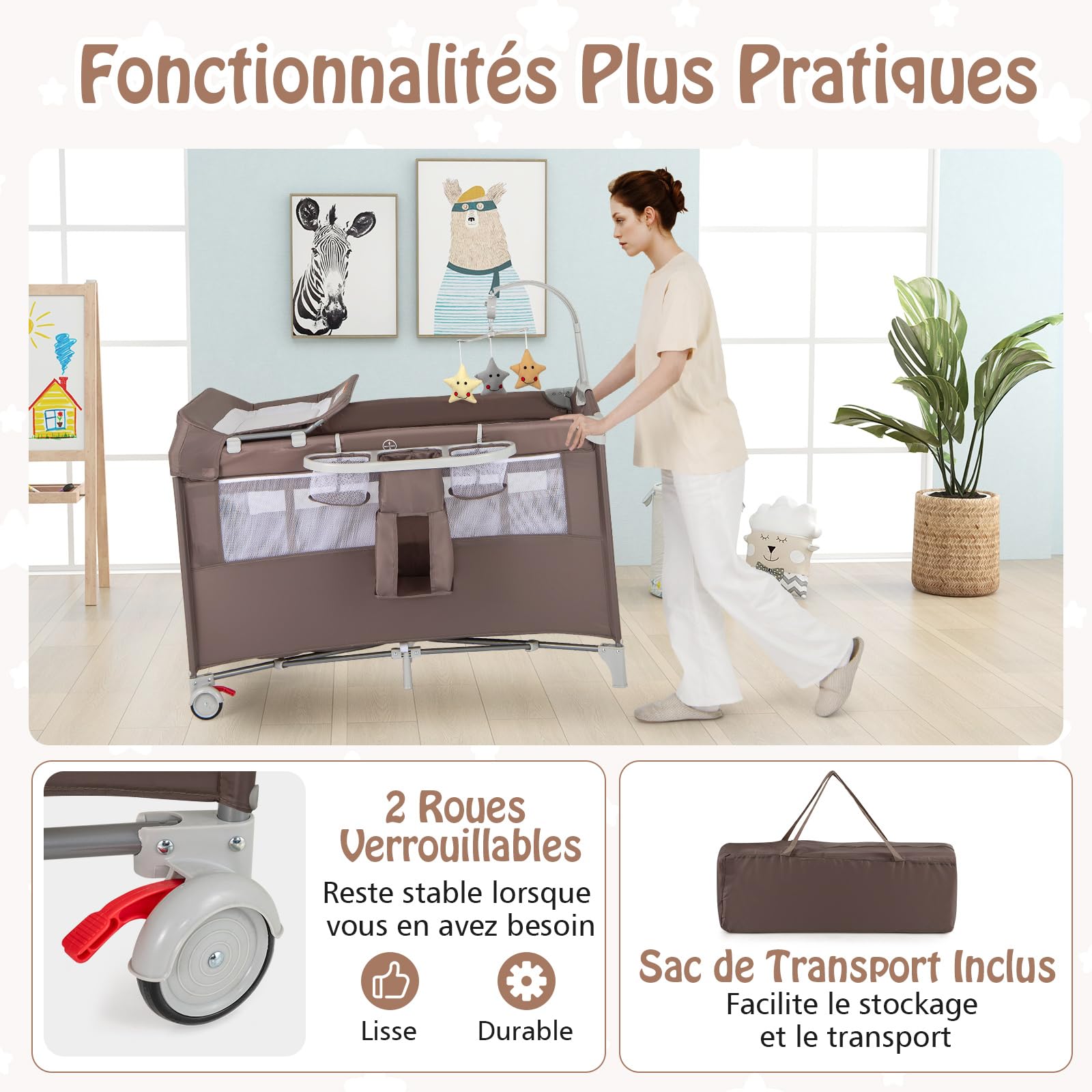 DREAMADE Lit Parapluie Bébé avec Matelas,5 en 1 Lit Cododo 125x65x76CM Tout-Petites 0-3 Ans avec Porte-Couches,Roues Verrouillables,Musique,Jouets Suspendus,Table à Langer,Sac de Transport (Marron)
