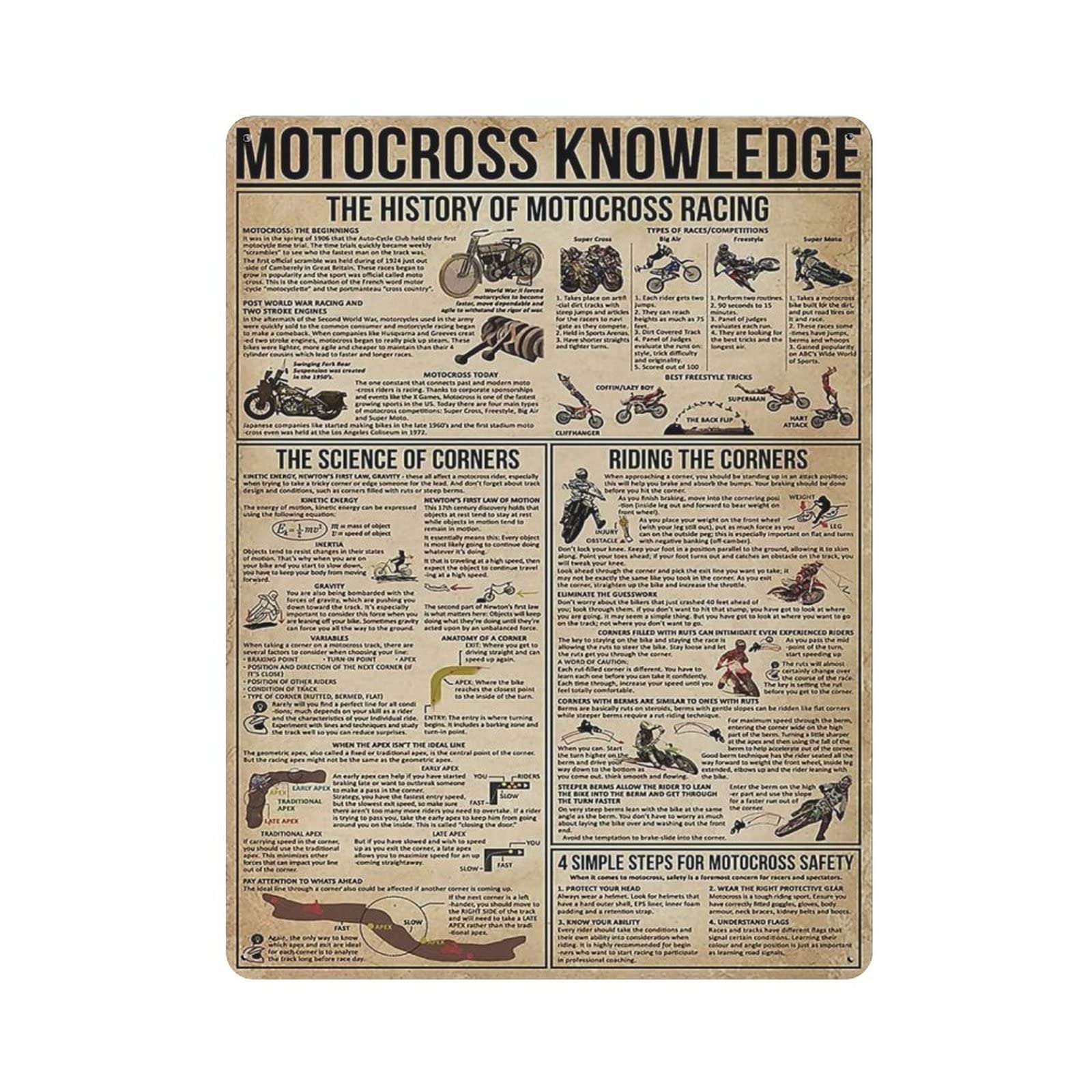 AOOEDM Motocross Knowledge Metal Sign for Home Coffee Garage Wall Decor Vintage Poster Bar Signs for Home Bar Retro Metal Tin Sign