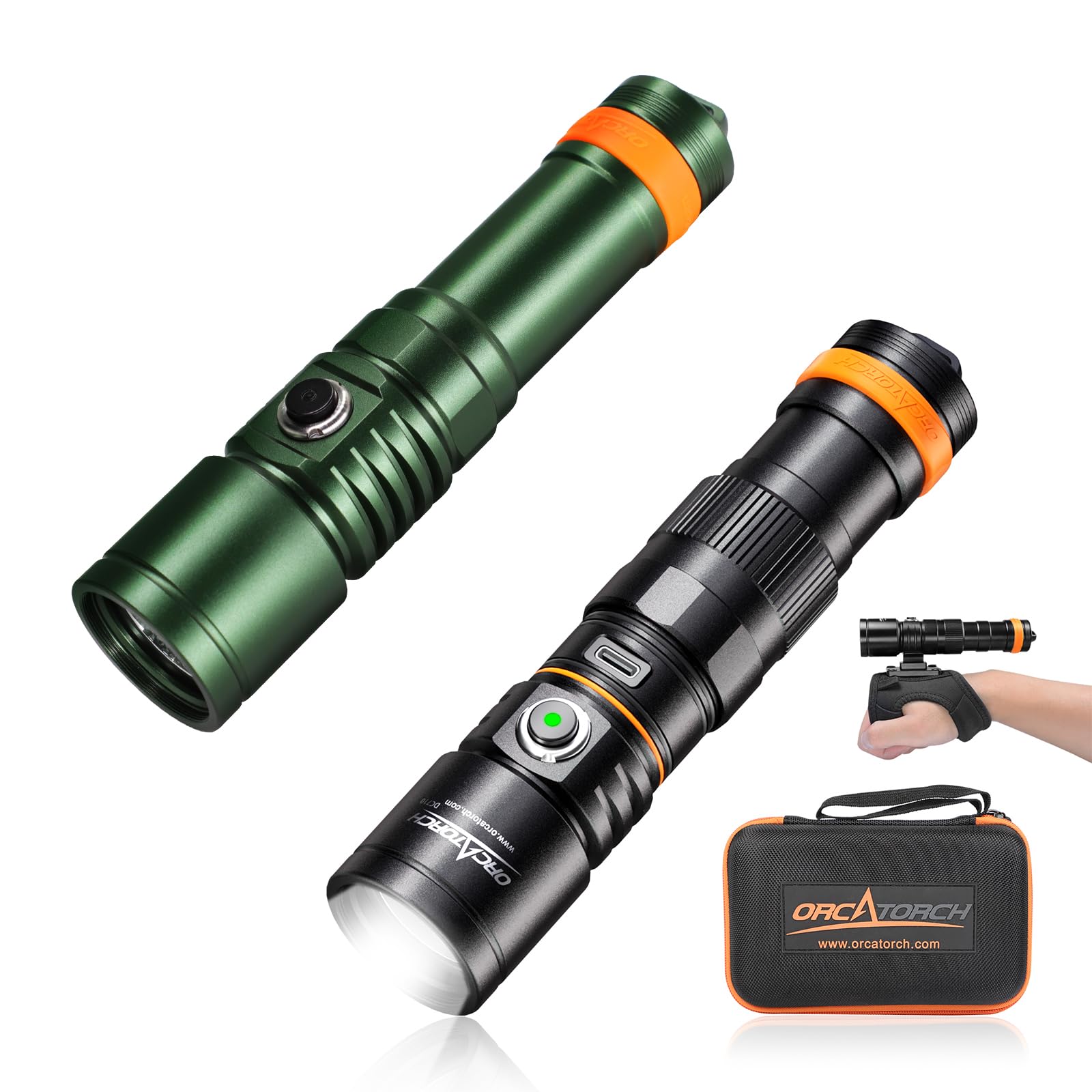 ORCATORCHDC710 3000 Lumens Direct Charge Wrist Mount Dive Light D710 Green Dive Light Combo