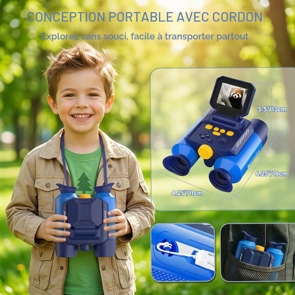 Jumelles Enfant Zoom Optique 10x Appareil Photo 48 MP Vidéo 1080P Vision Nocturne 25 m Bleu Foncé