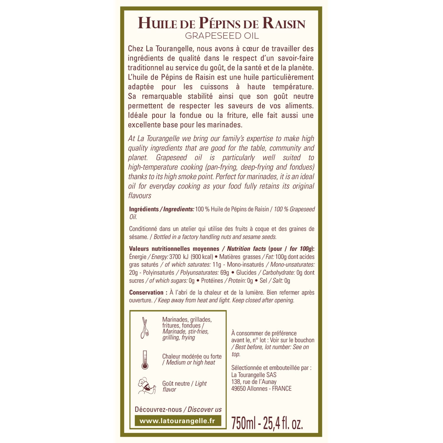 La Tourangelle Huile de Pépins de Raisin 750ml - Huile du quotidien idéale pour la friture, les fondues et la cuisson haute température, Neutre, 1 Unité (Lot de 1) - 3