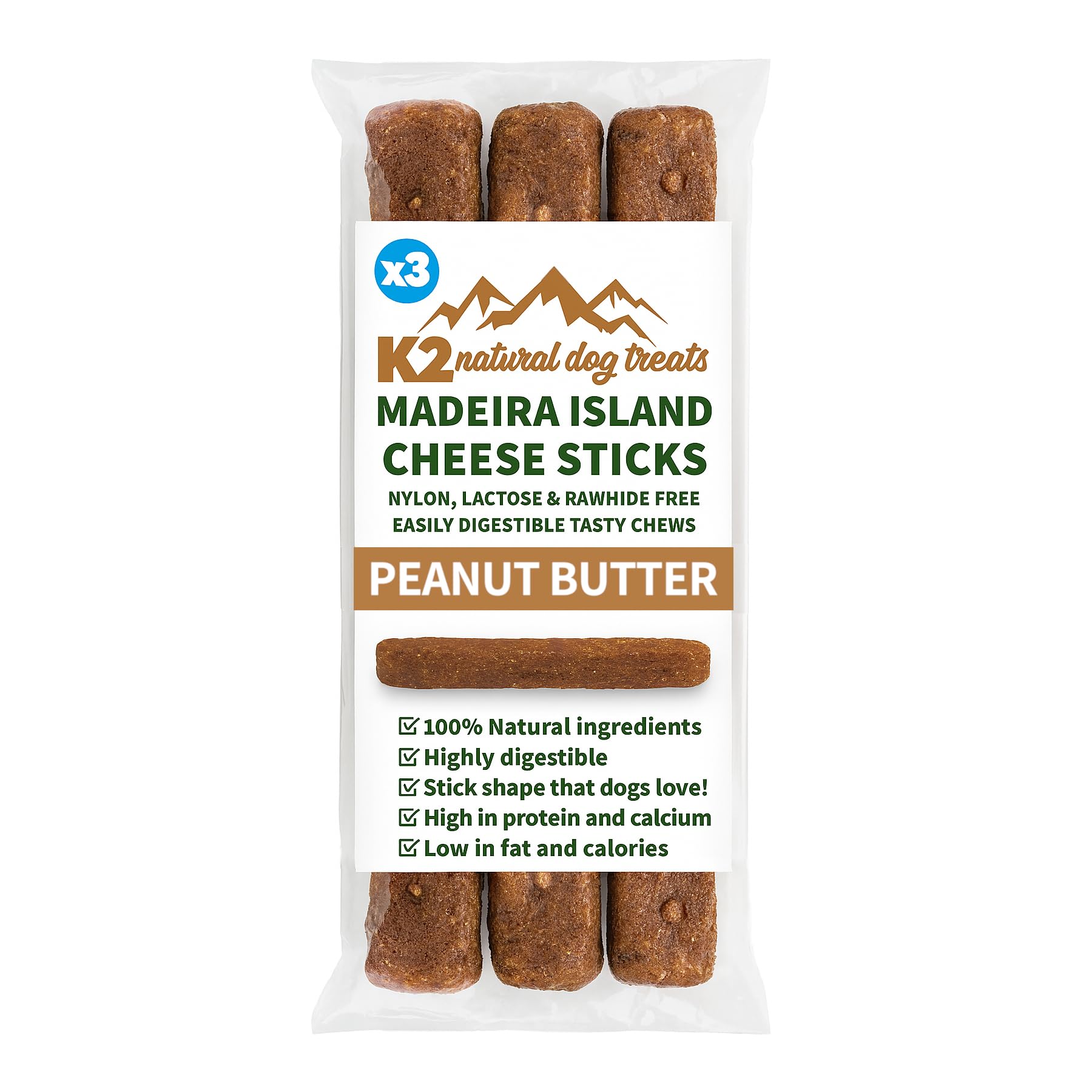 K2 100% Natural Dog Treats – Madeira Cheese & Peanut Butter Chew Sticks, Gluten Free, Grain Free, 3‑Pack (150 g)