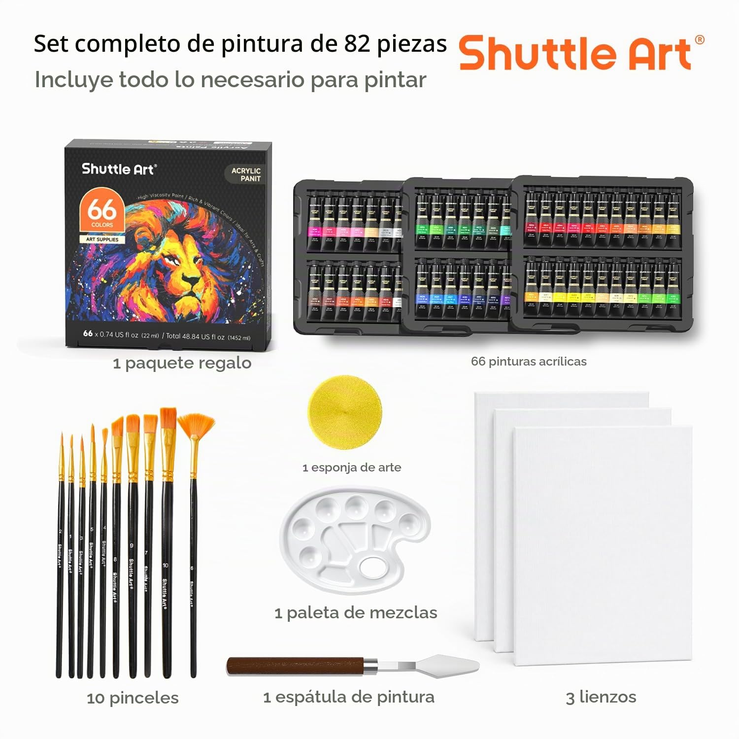 Shuttle Art 82 Pack Kit Pinturas Acrilicas 66 Tubos (22ml), Acrílico en Colores Ricos con 10 Pinceles, No Tóxicos, Ideales Pintura para Tela, Lienzo, Madera, Arcilla, Cerámica para Adultos y Niños