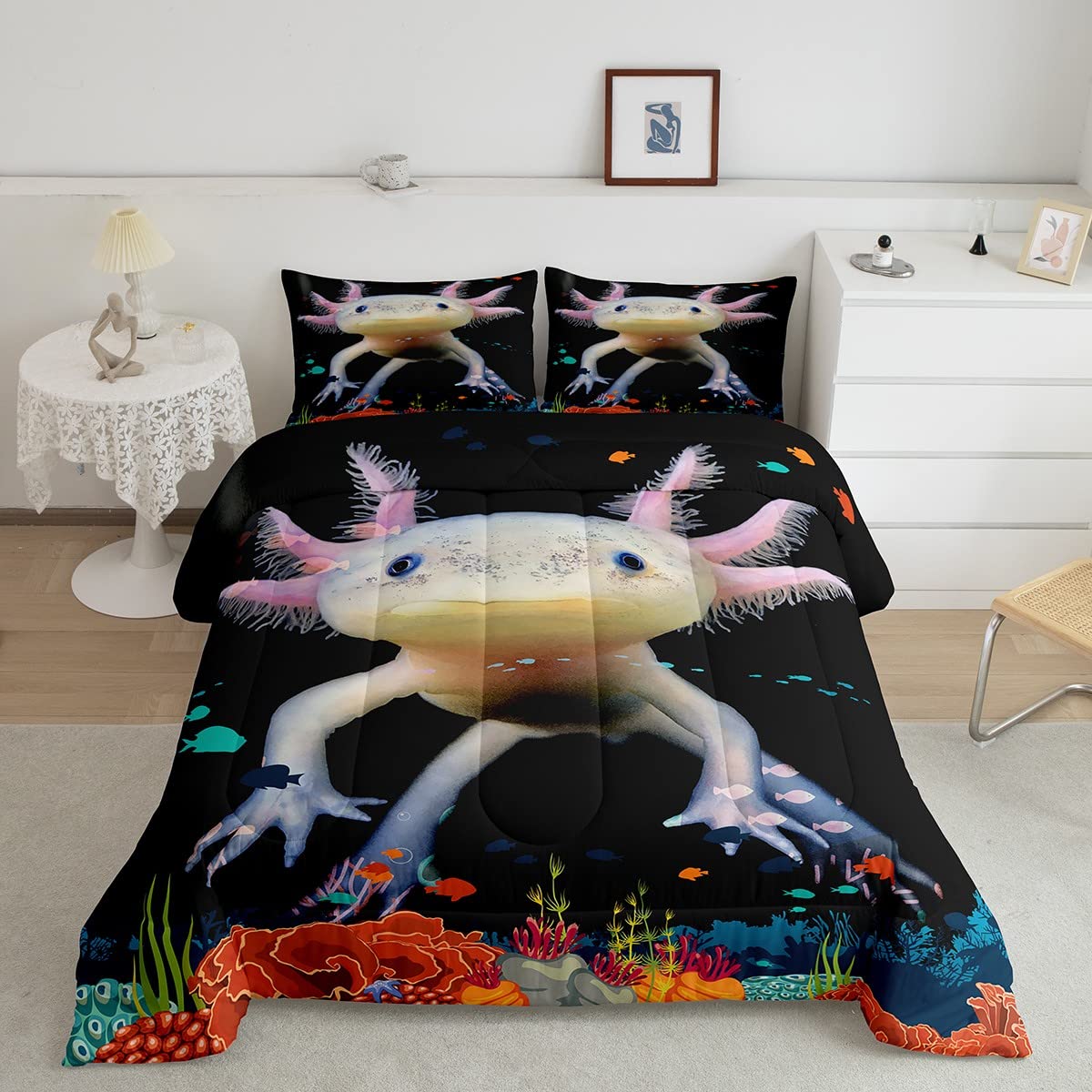 Feelyou Cartoon Axolotl Comforter Set | 3D Kawaii Salamander Duvet & Pillow Sham, Ultra Soft Microfiber, Twin To King