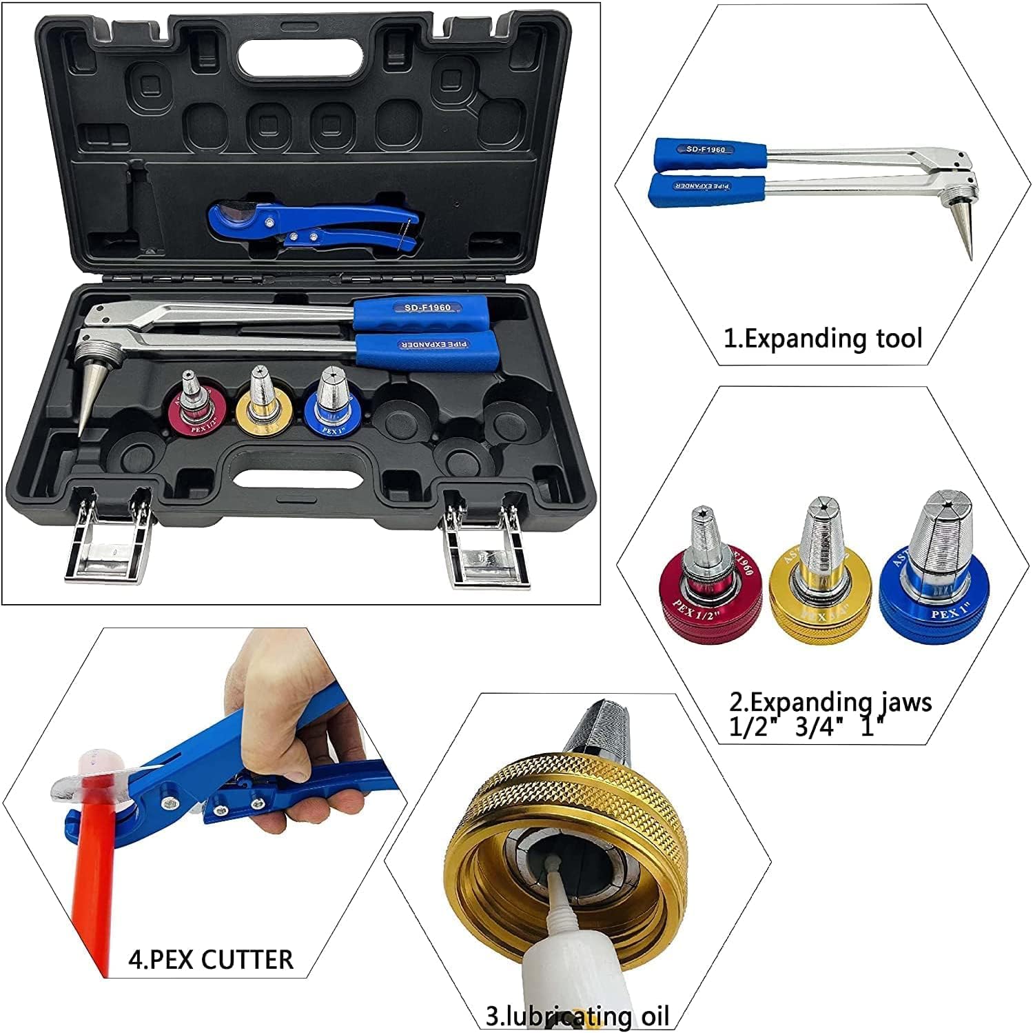 IBOSAD Manual PEX Pipe Expander Tools Kits with 1/2",3/4",1" Expansion Heads suit for Propex Expansion Meets ASTM F1960 Standard PEX Coupling Fitting Radiant Heat