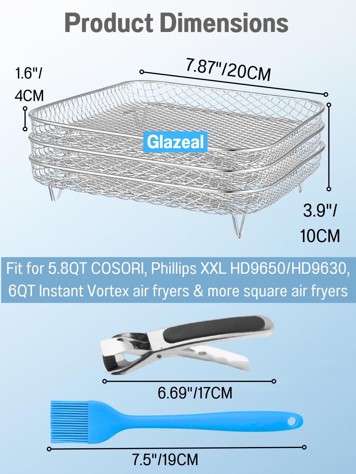 Three Stackable Dehydrator Racks for Ninja, Instant Pot Vortex, COSORI, CHEFMAN, Gowise, Ultrean, Gourmia - 304 Stainless Steel Grill Rack Fits 4.2-5.8 QT Air Fryer, Oven Air Fryer Accessories