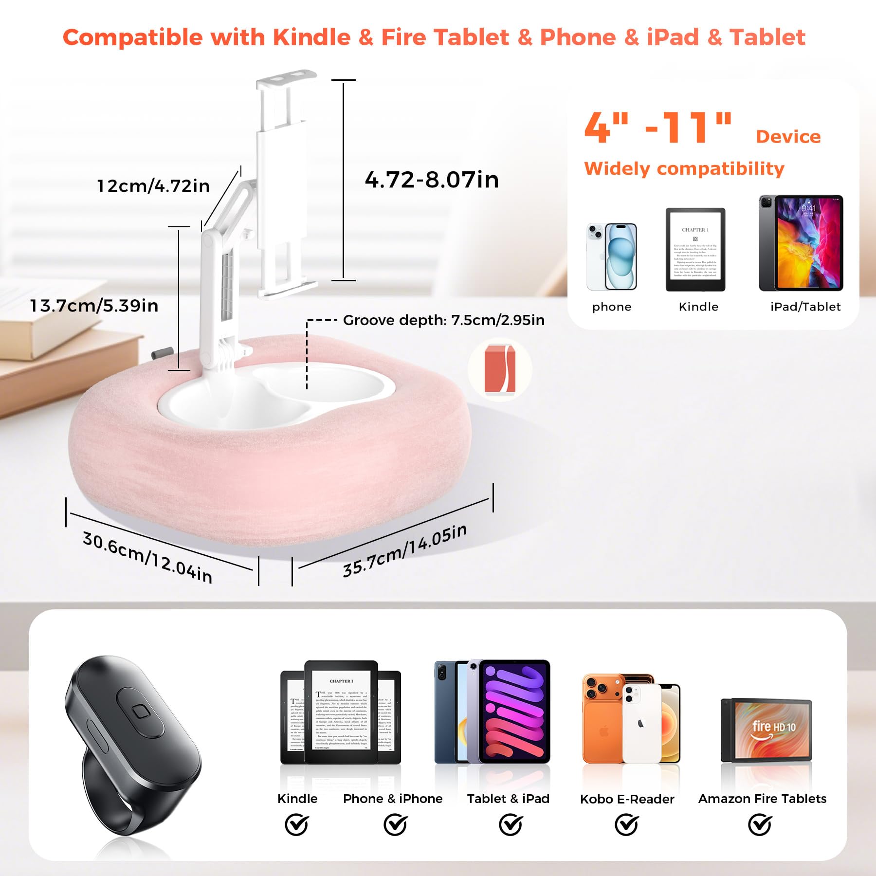 Kefotic Supporto per tablet Kindle lettura a letto con anello per girare pagine remoto, supporto per tablet a mani libere per accessorio ereader, compatibile con iPhone, iPad, Paperwhite