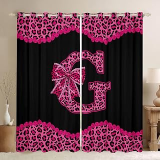 Feelyou Cheetah Bow Curtains for Bedroom Living Room Leopard Coquette Bow Blackout Darkening Drapes Personalized Initial G Window Treatments, 2 Panels 38 x 45 Inch Rose Modern Fashion Room Decor
