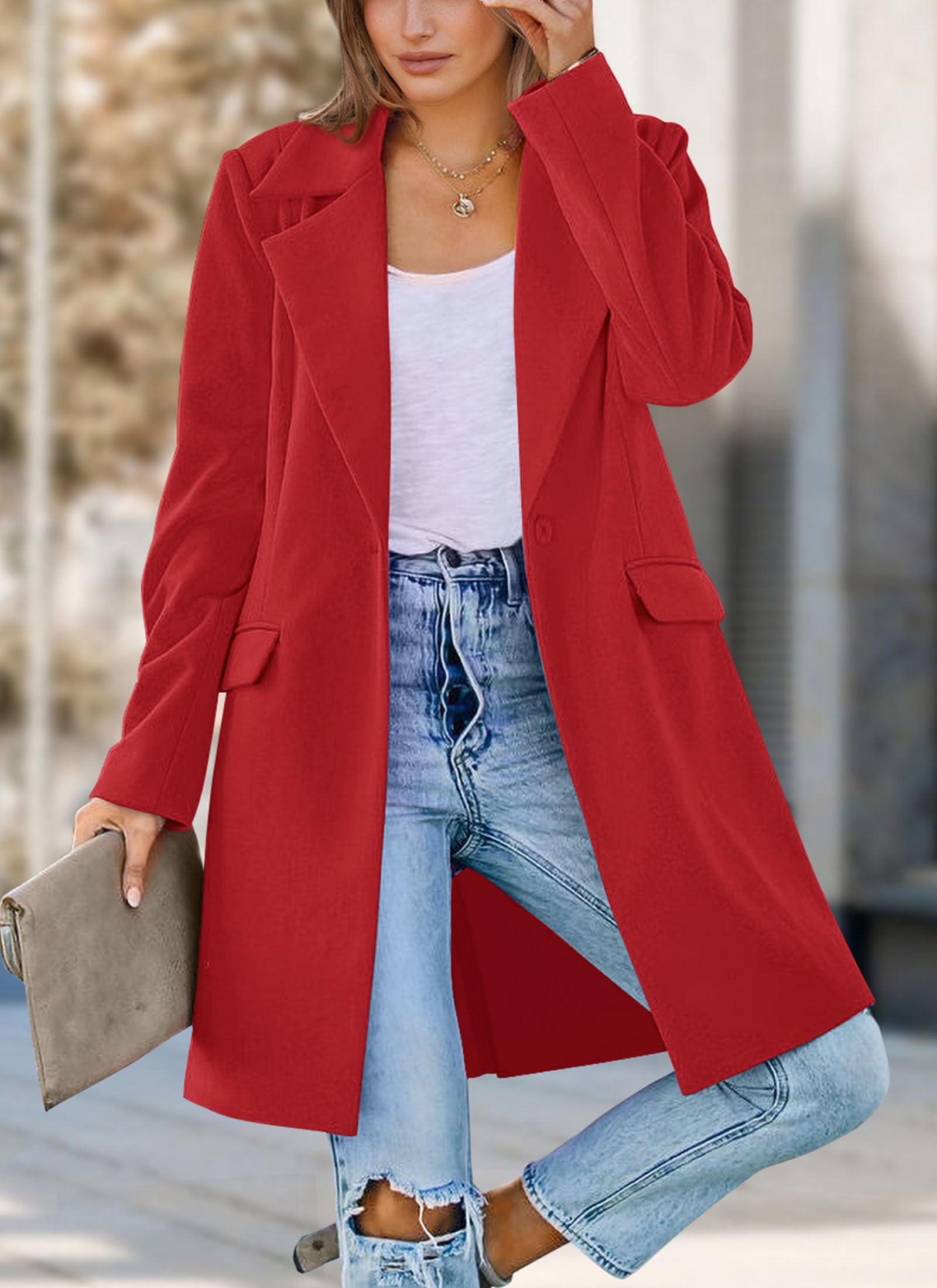 PRETTYGARDEN Women's Business Casual Long Blazer Jackets(Red,S) view 8