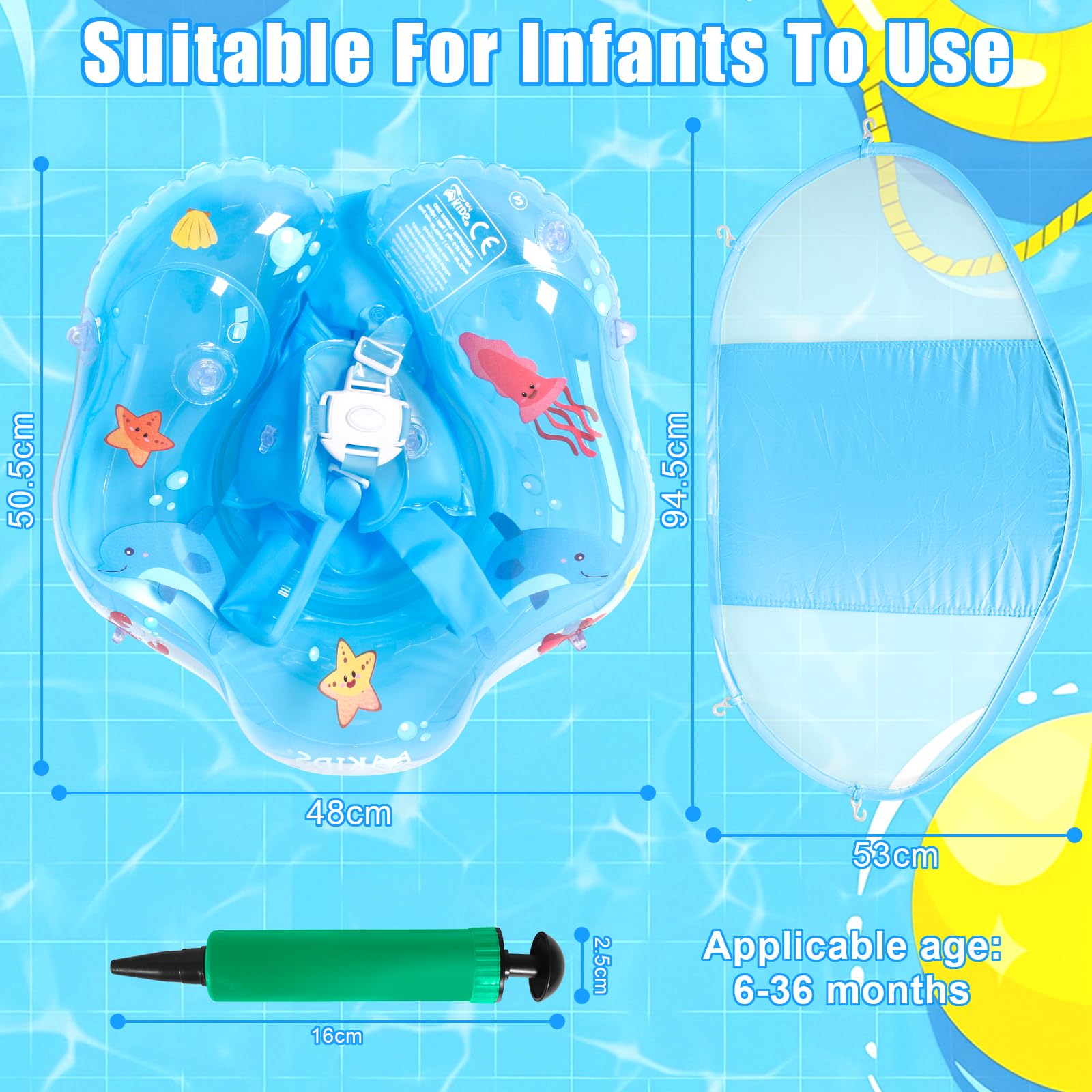 Piscina Salvagente Bambini Gonfiabile, Salvagente Neonato 1-3 anni, Salvagentes Neonato con Parasole e Seggiolino di Sicurezza, Anello di Nuoto Bambini UPF50+ Protezione UV(Blu)