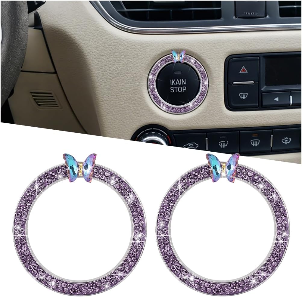 2PCS Bling Butterfly Car Engine Push Start Button Decoration Ring, Glitter Crystal Rhinestone Key Ignition Knob Cover Sticker, Diamond Push to Start Stop Ring, Universal for Vehicles (Purple)