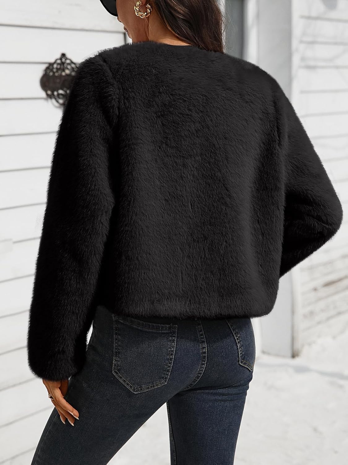 Women's Faux Fur Cropped Jacket Crew Neck Long Sleeve Oversized Shrugs for Dresses Fluffy Coats Pocket Winter - Image 3