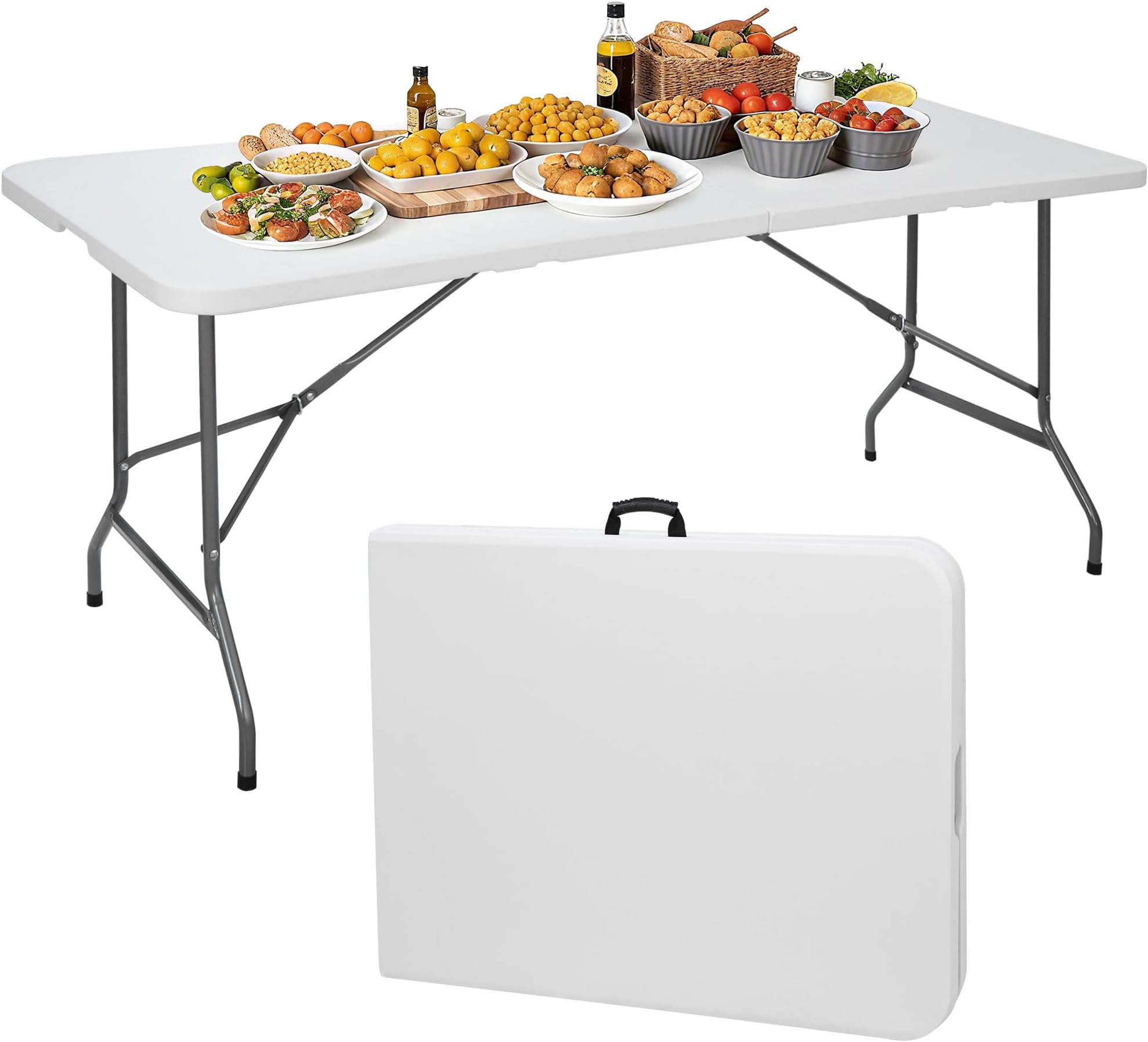 ZenStyle 6 ft Indoor Outdoor Heavy Duty Plastic Folding Table Portable Picnic Table Fold-in-Half Utility Table w/Handle and Steel Legs for Camping, Dining, Party, 71 x 27 Inch, White
