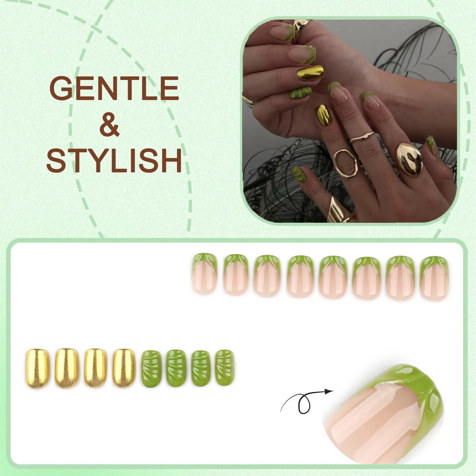 24Pcs Short Square False Nails with Glossy Metallic Gold and Green Leaf French Tip Design on Nude Base - Image 4