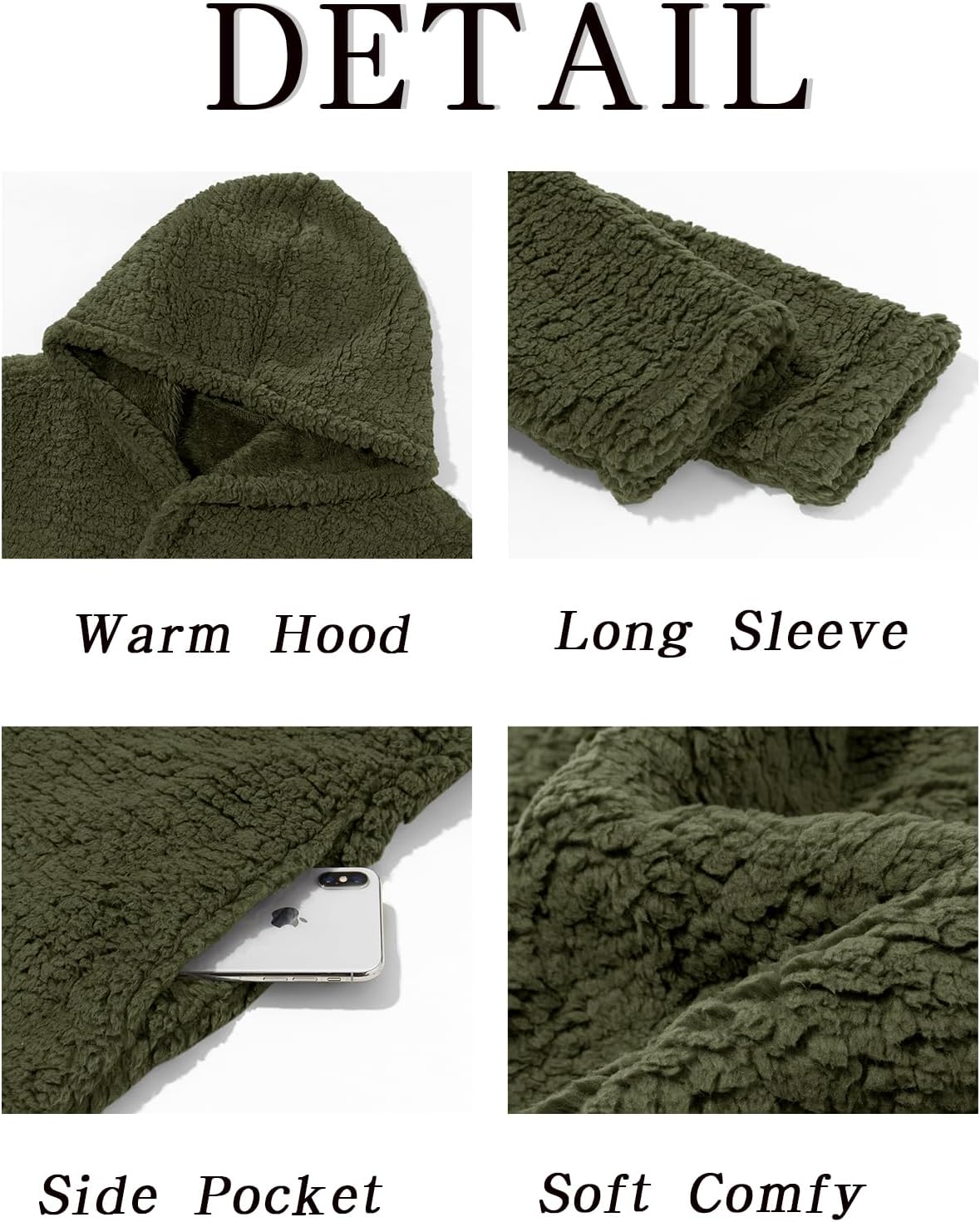 Runcati Mens Fuzzy Sherpa Hoodie Long Sleeve Button Down Fleece Jackets Casual Winter Hooded Sweatshirt - Image 5