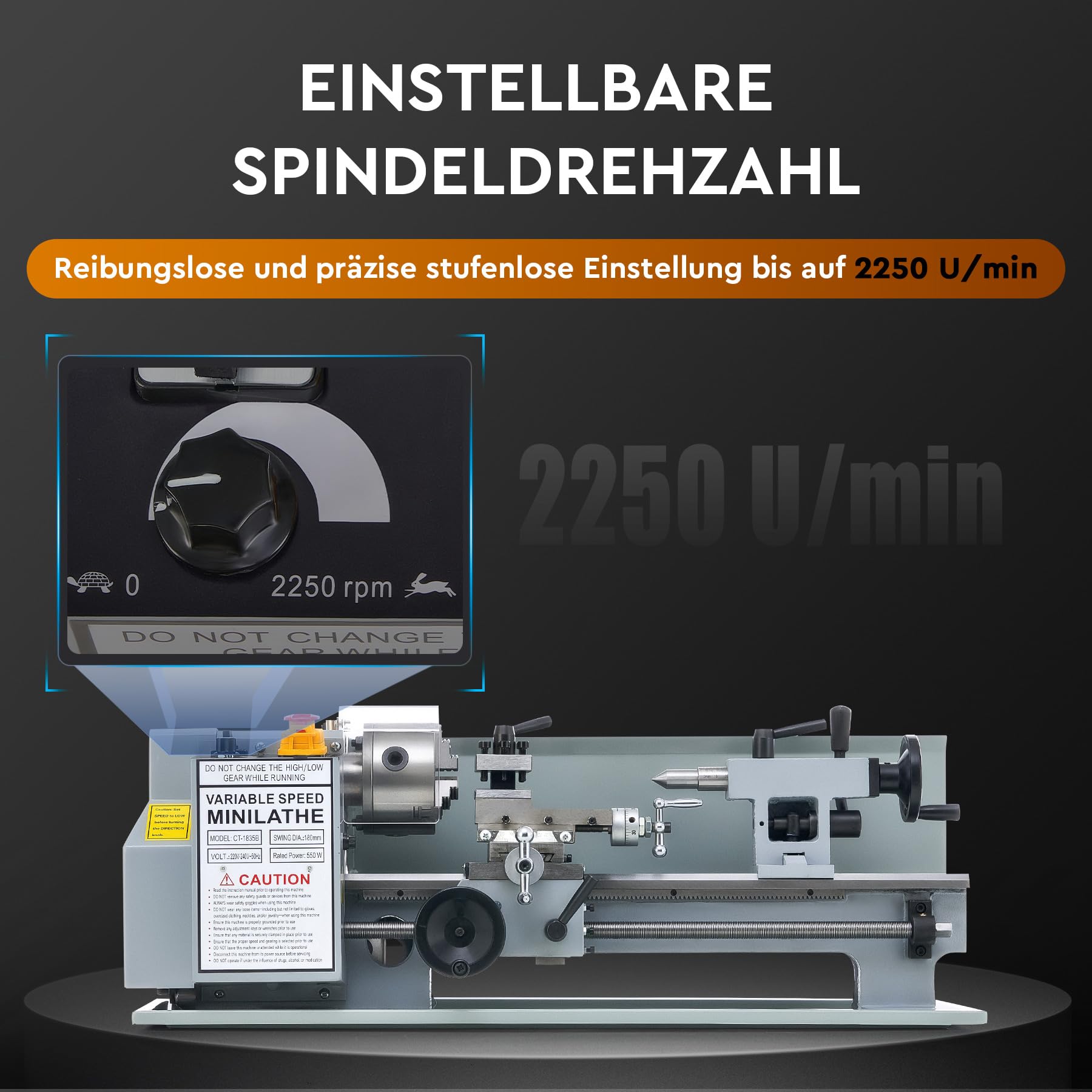 CREWORKS Drehmaschine 550W Metalldrehmaschine 7 x 14 Zoll Tischdrehmaschine 180x350MM Drehbank Metall 2250 RPM Mini Drehmaschine für Metallbearbeitung Metal Lathe (7 x 14 Zoll Hellgrau)
