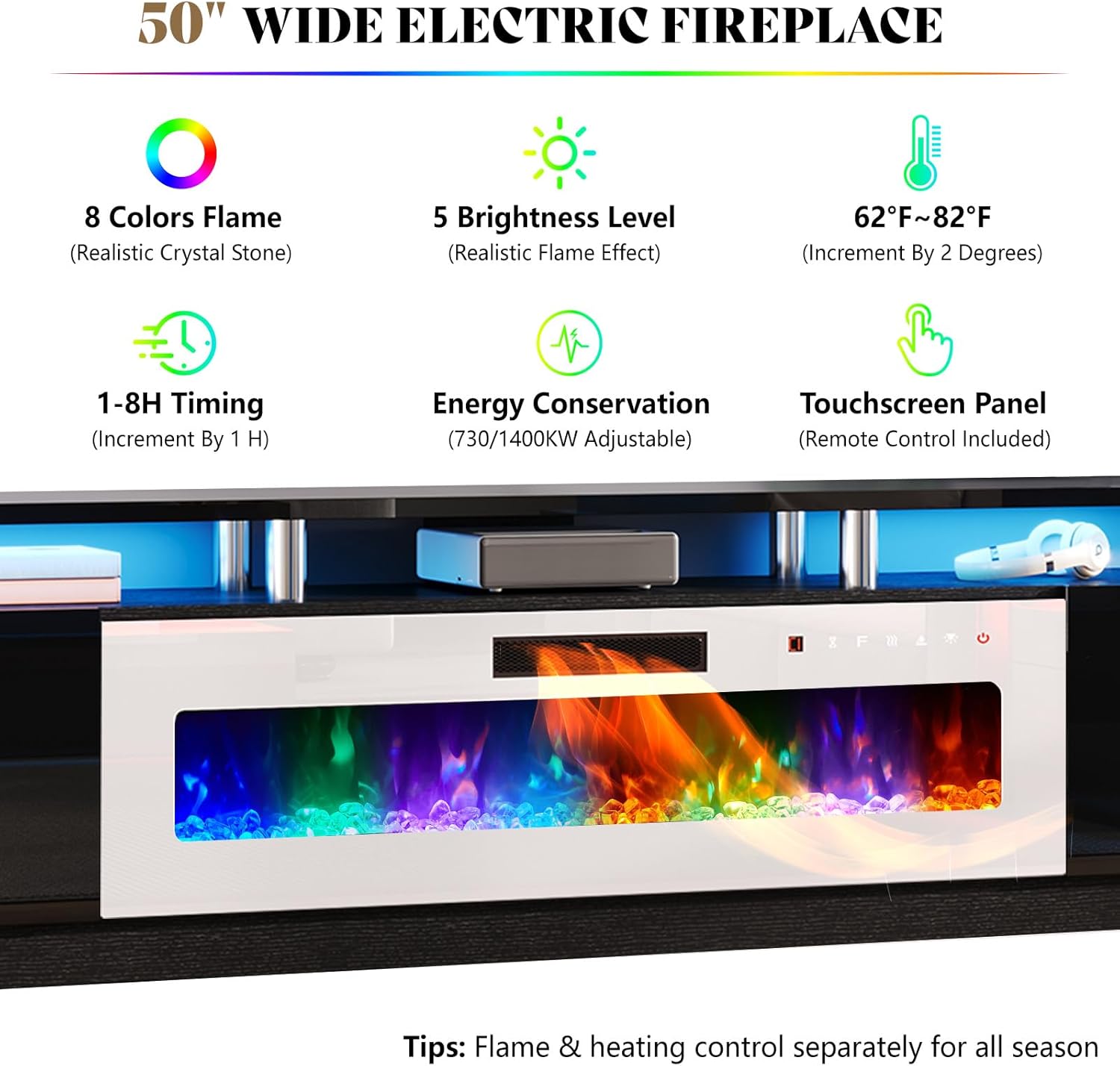 Diagram showing features of the 50-inch wide electric fireplace including 8 flame colors, 5 brightness levels, temperature control, timer, energy conservation, and touchscreen panel