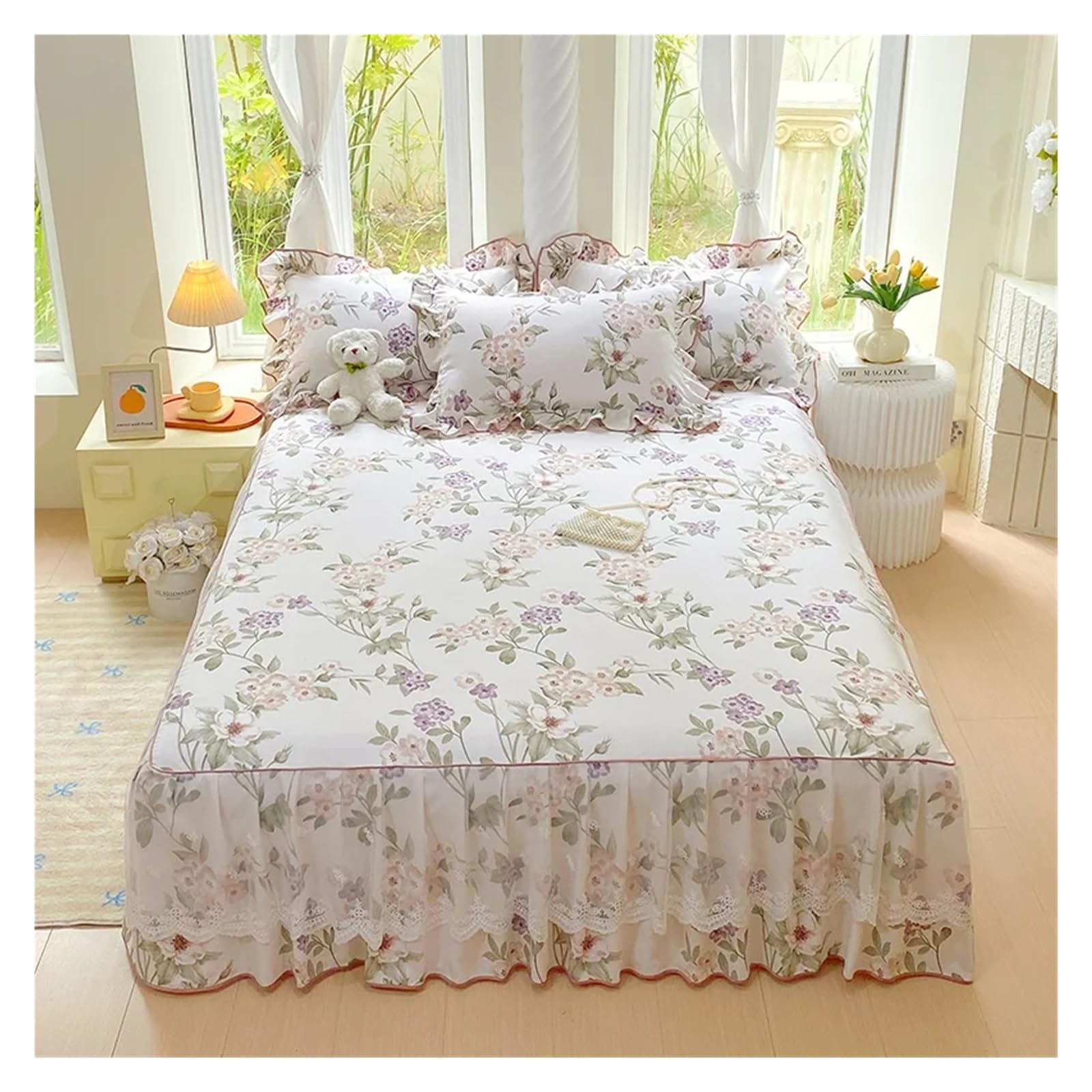 1pc Skin-friendly Bed Skirt Floral Style Bedspread Ruffles Bed Cover Mattress Protector No Pillowcase(Color-09,20x200cm 1pc)