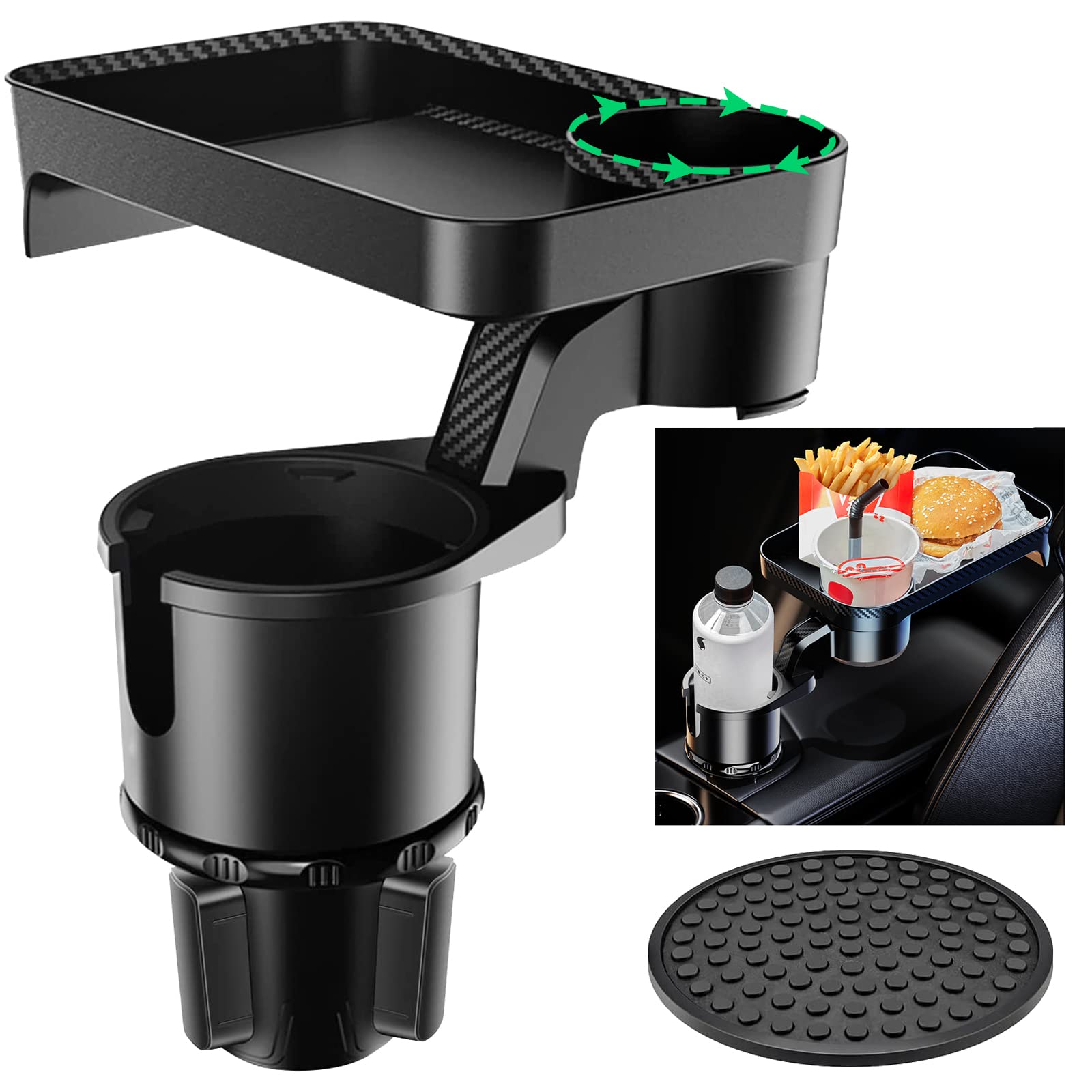 Cup Holder Expander for Car & Car Tray, Multifunctional Cup Holder Tray with 360° Rotating Table & Adjustable Base, Large Car Cup Holder Adapt Hold up to 17-40oz Cup /Bottlle /Drink by Huzz