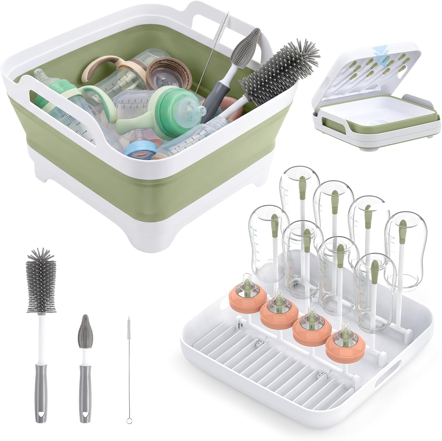 Collapsible Wash Basin for Baby Bottles with Drying Rack – 2.4 Gallon Foldable Dish Tub with Handles, Portable RV Camping Sink & Space-Saving Wash Bin with Lid for Kitchen, Travel & Outdoor, Green