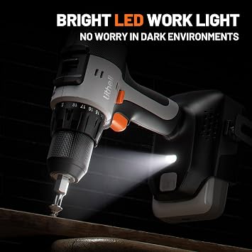 Litheli 20V Cordless Drill Driver Set, Electric Power Drill with 2 Variable Speed Settings, 1/2 Inch Keyless Chuck, 21+1 Clutch Settings with Maximum Torque of 443 In-lbs