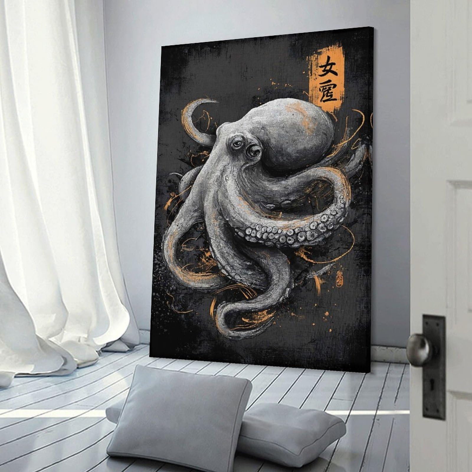 Junmoney Octopus Illustration with Japanese Text Wall Picture Print, 24x36inch(60x90cm), for New Homes, Bedrooms Or Workspaces, Thoughtful Wall Decor for Art Lovers
