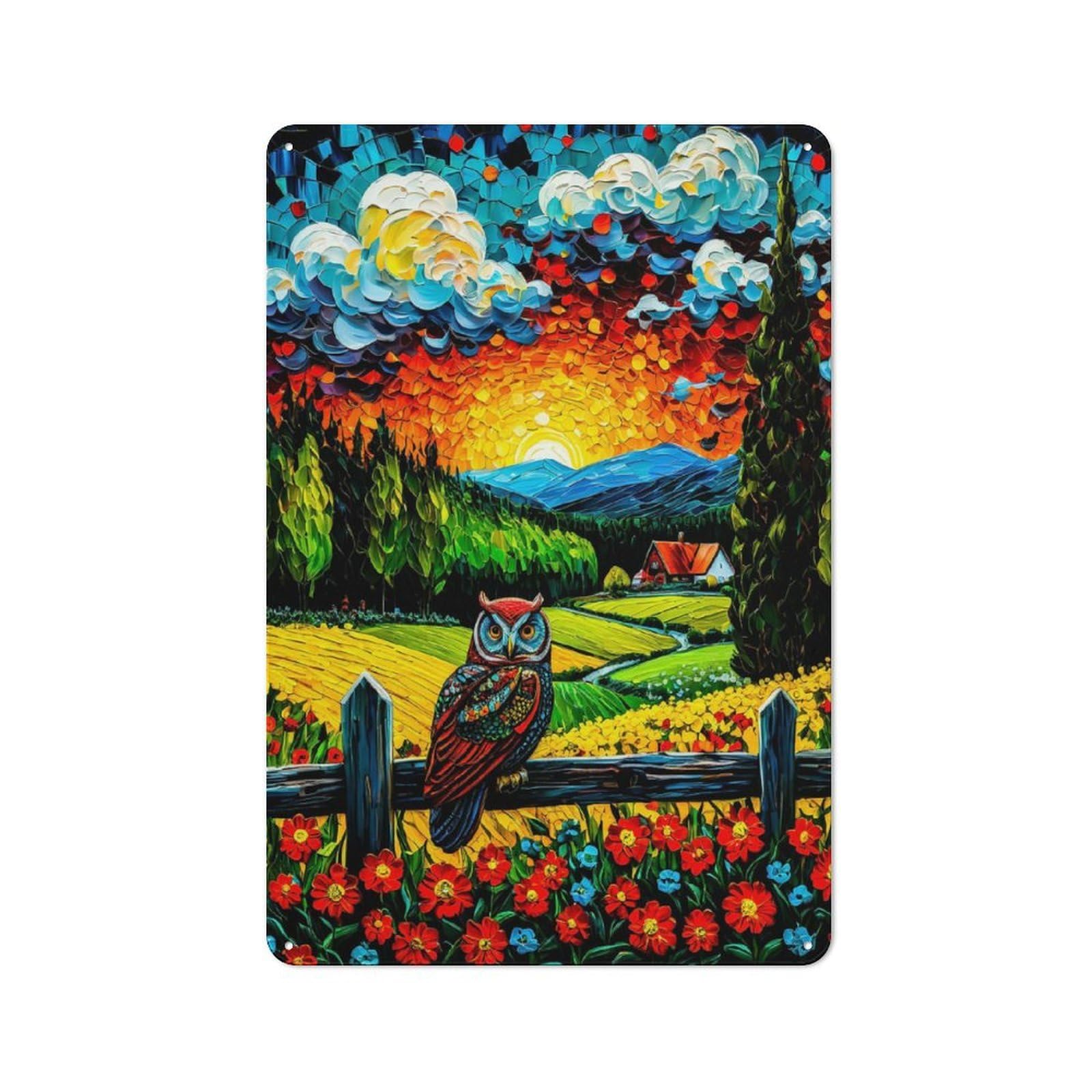 Metal Wall Sign 30x20cm Featuring Owl on Fence at Sunset Painting for Café Or Home Bar, for Collectors Decorating Cafés And Home Bars