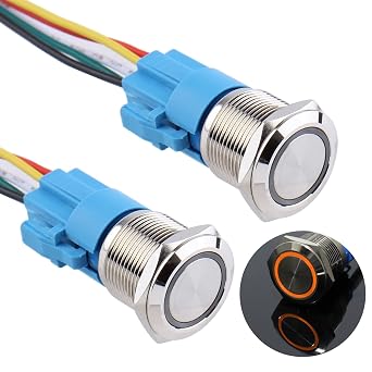 2PCS 19MM Momentary Push Button Switch 12V-24V Ring Led 1NO 1NC Self-Reset ON/Off Metal Shell Waterproof with Wire Socket Yellow Led