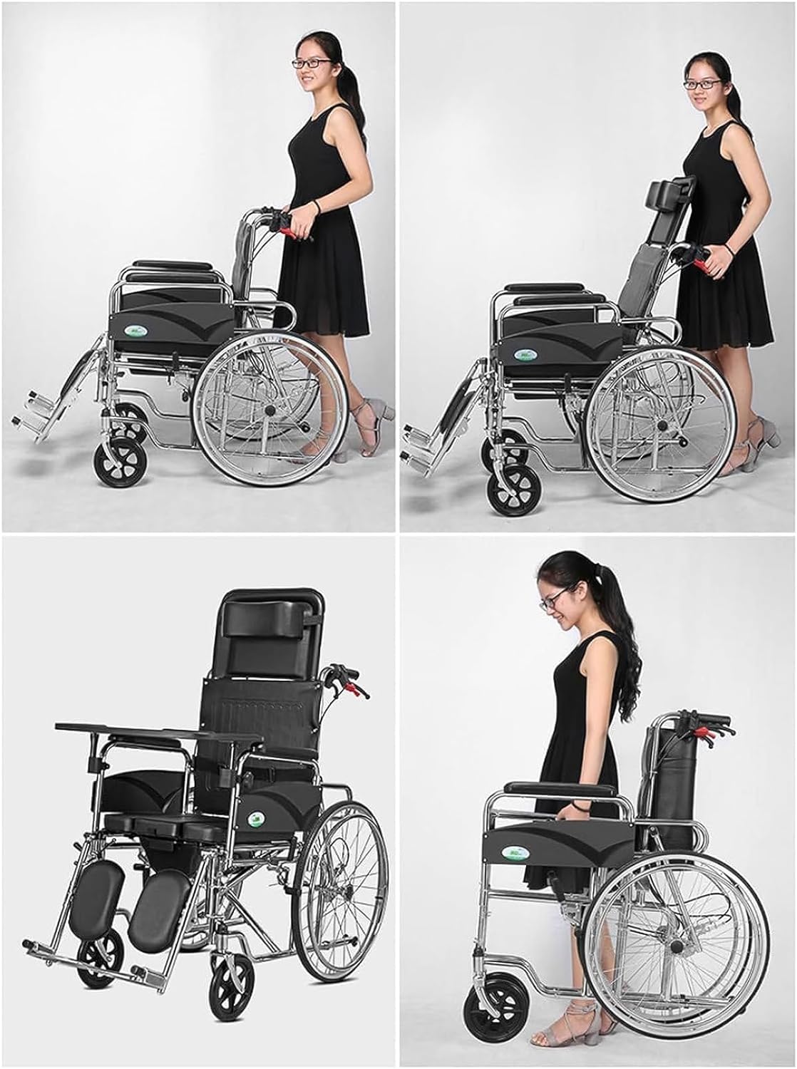 Silla de ruedas Respaldo alto Wheelchai Silla de ruedas manual reclinada Marco de aluminio plegable ligero Silla de ruedas Mesa pequeña Orinal Sillas de ruedas