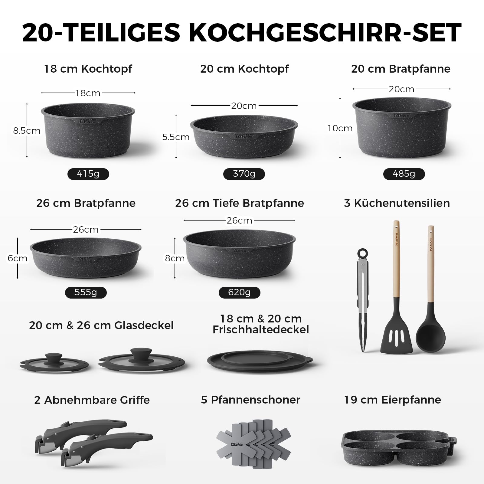 YASHE 20-teiliges Topfset mit Antihaftbeschichtung, abnehmbare Griffe, induktionsgeeignet, Backofen bis 230 °C, spülmaschinenfest, stapelbar, ideal für Familien, Grau