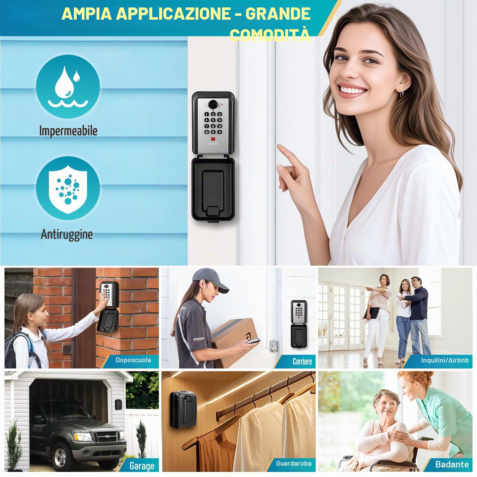 Cassetta Chiavi con Codice Cassetta Sicurezza Chiavi Grand Impermeabile Cassaforte a Muro con 12 Cifre Combinazione Codice Cassaforte per Chiavi Esterno per Casa Garage Ufficio Airbnb (Grigio)