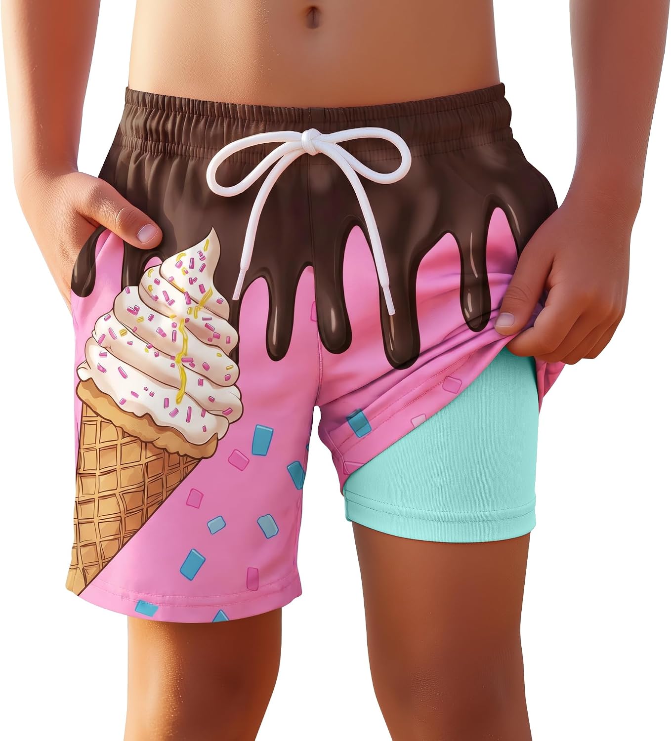 Yooo's Vivi Boys Swim Trunks with Compression Liner Kids Quick Dry Beach Shorts Stretch Casual Bathing Suit with Boxer