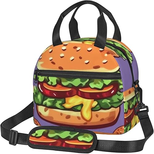 Lonchera con estampado de hamburguesas de dibujos animados para mujeres y hombres, aislada, impermeable, a prueba de fugas, bolsa de almuerzo con