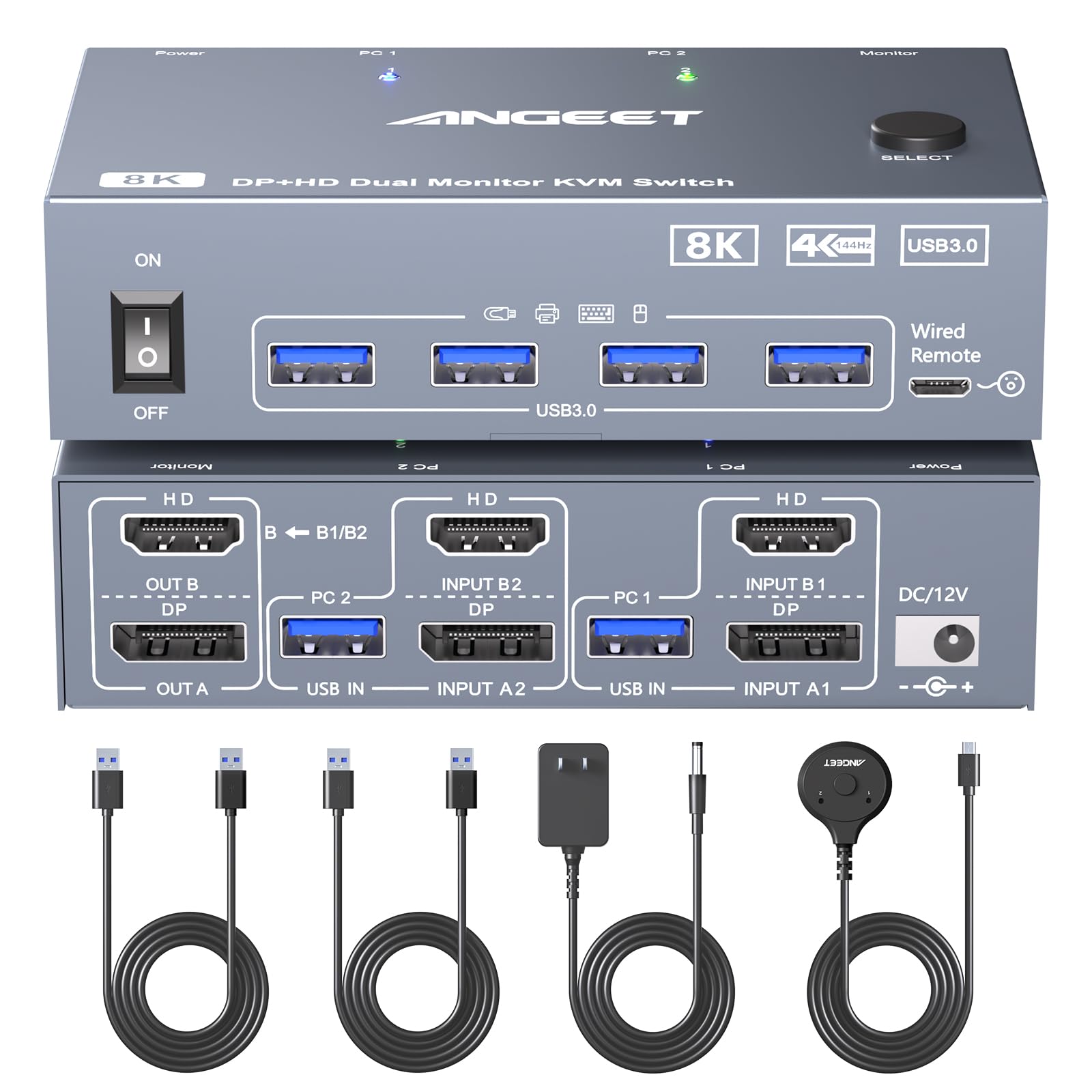 Photo 1 of KVM Switch 2 Monitors 2 Computers Displayport HDMI 8K@60Hz, ANGEET Dual Monitor KVM Switch with 4 USB 3.0 Ports for Keyboard Mouse Printer, with Wired Remote, Power Adapter and USB Cable Aluminum