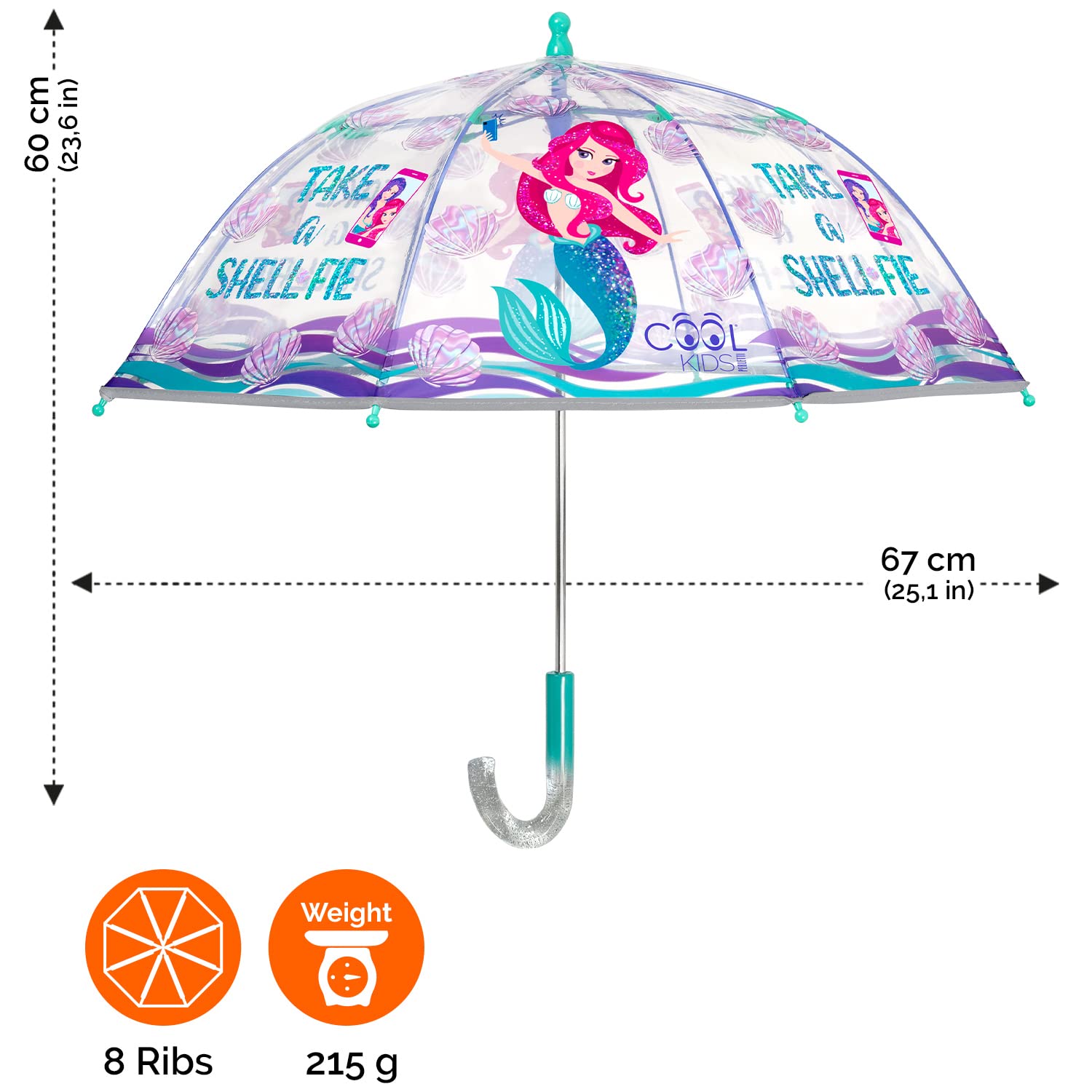 PERLETTI Parapluie Transparent Sirène pour Enfants - Petit Parapluie Cloche avec Détails Réfléchissants Fille - Parapluie Canne Fillette 3 4 5 Ans École Maternelle - Diamètre 67 cm (Coquillages)