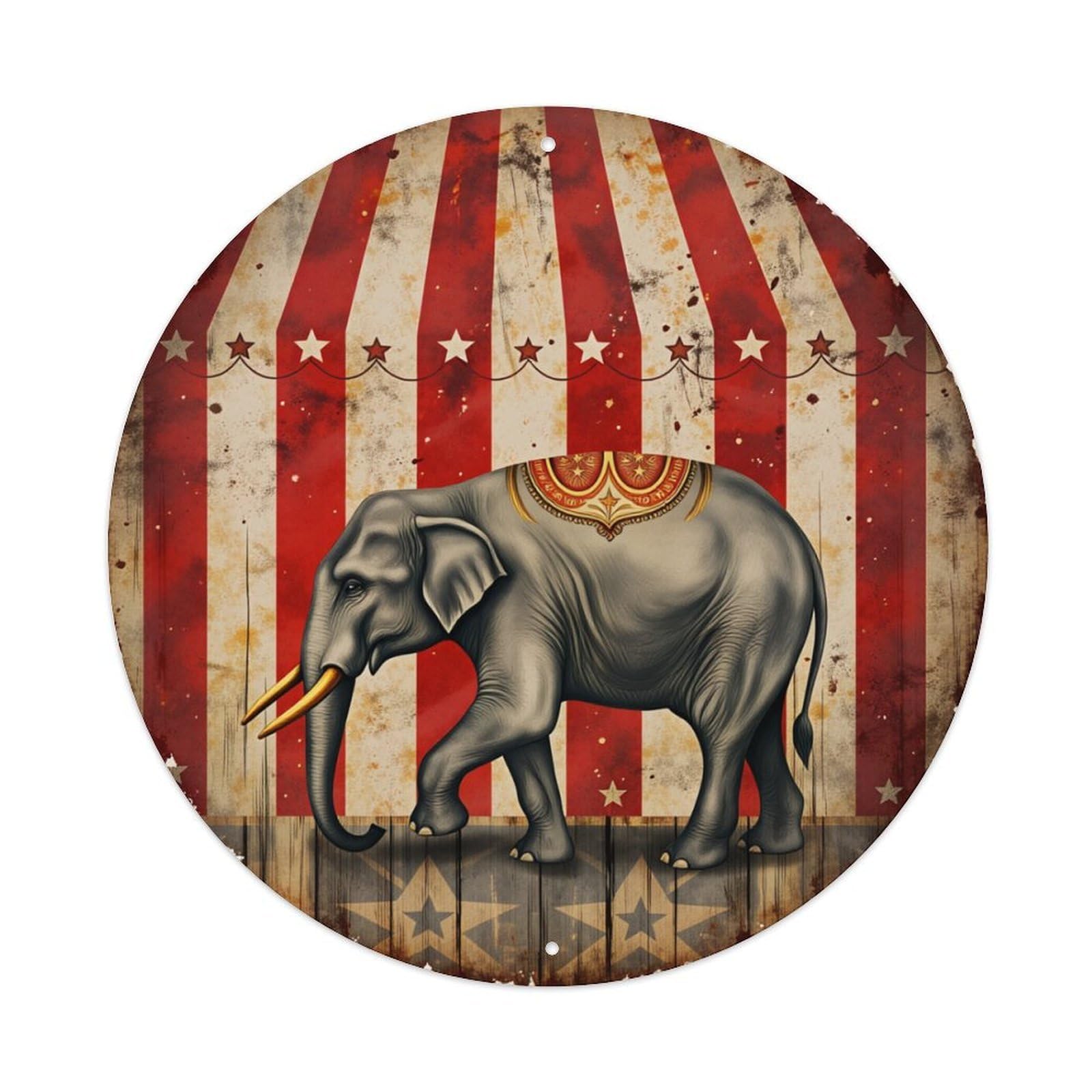 Circus Elephant Stripes Stars Wood Round Tin Sign Retro Metal Sign for Cafe Bar Pub Home Game Room Gym Club Wall Decoration Vintage Metal Poster 8x8 Inch