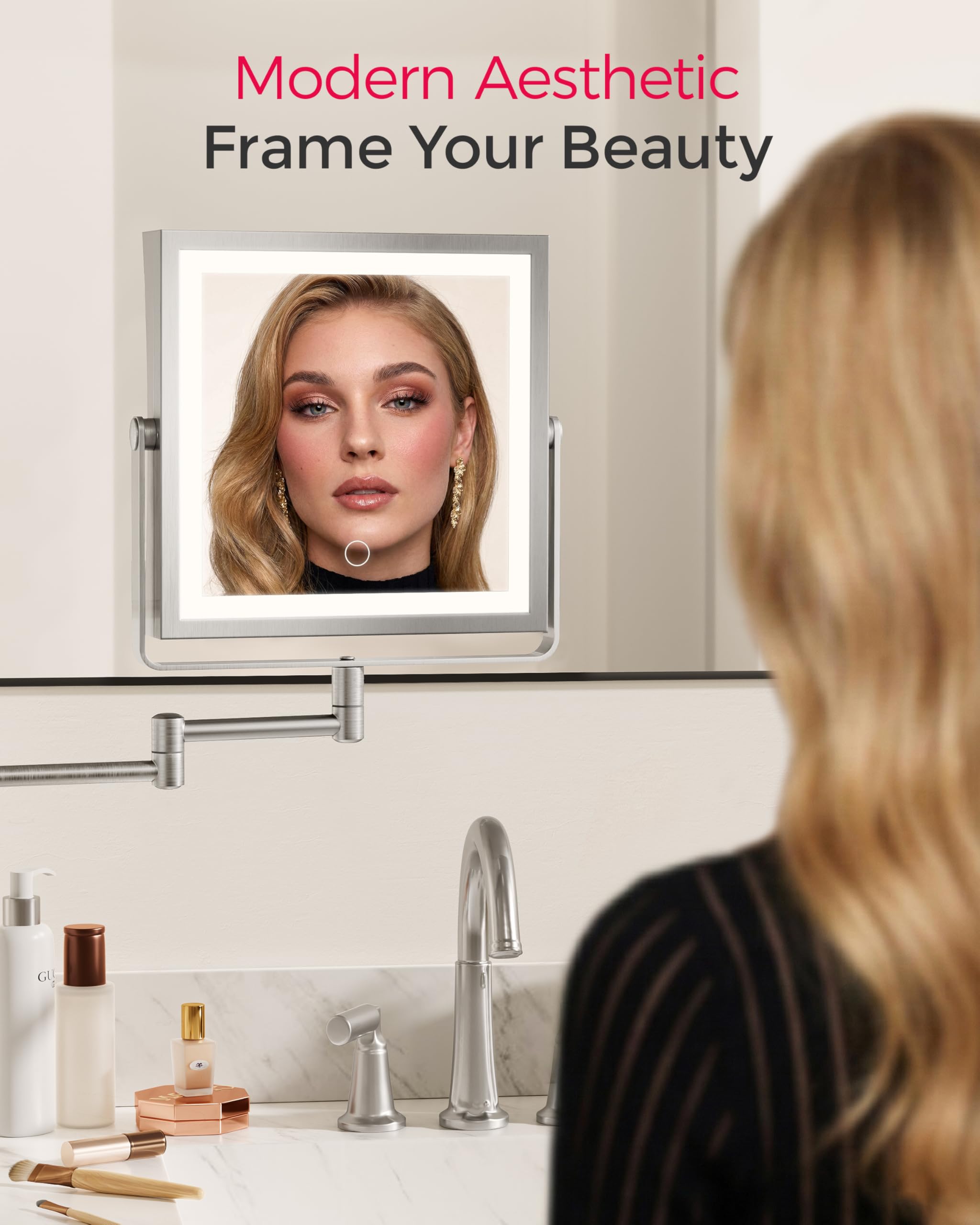 Espejo de maquillaje recargable montado en la pared con luces, 4000 mAh, doble cara, 1X/10X, espejo de tocador con 3 luces de color, regulable al tacto, brazo plegable de extensión de 360°