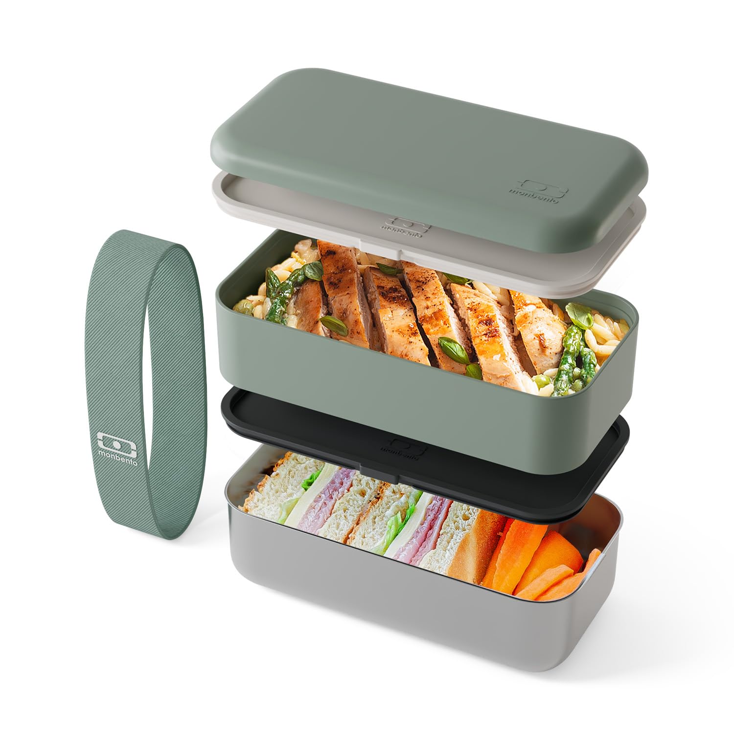 MONBENTO – Lunch Box Adulte Sense Original vert Natural – Boite Repas 1.2 L 2 Étages Métal/Plastique – Bento Inox Hermétique Compatible avec Four & Micro-Ondes – Sans BPA – Idéal pour Meal Prep/Bureau