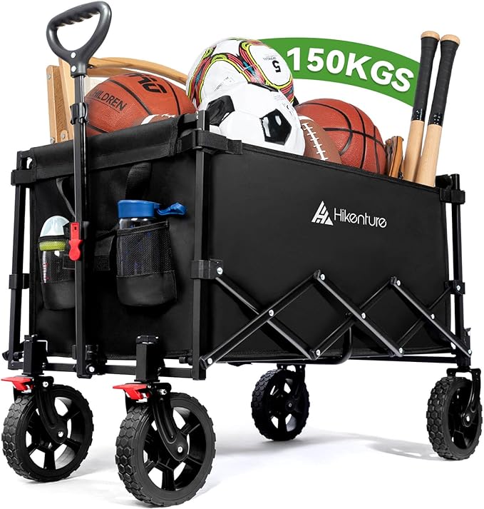 Hikenture Wagon Cart Foldable, 150kgs Large Capacity Folding Wagon, Heavy Duty Utility Grocery Cart with Wheels, 1-Second Setup Collapsible Wagon for Shopping, Garden, Beach, Sports
