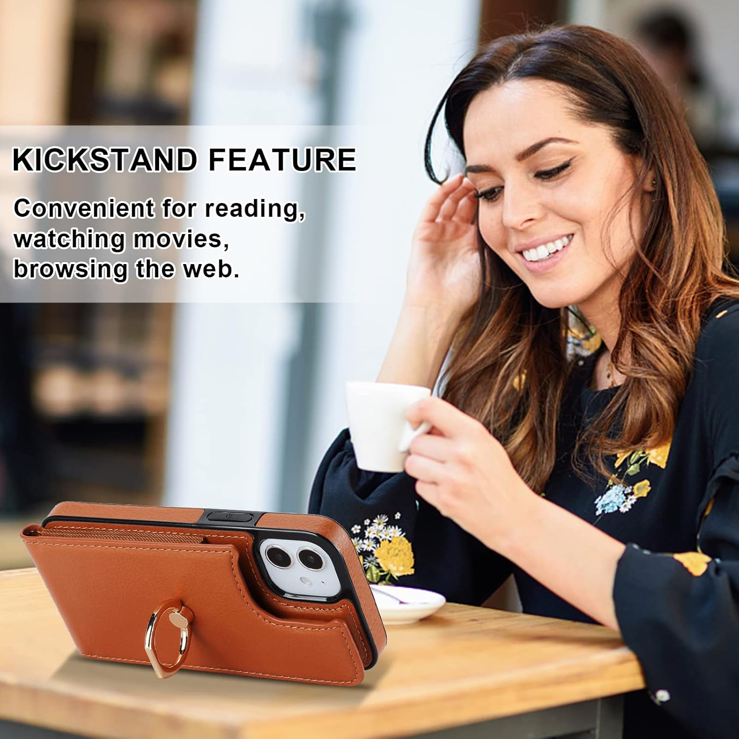 Folosu Compatible with iPhone 12 Mini Case Wallet with Card Holder, 360°Rotation Finger Ring Holder Kickstand Protective RFID Blocking PU Leather Double Buttons Flip Cover 5.4 Inch Brown