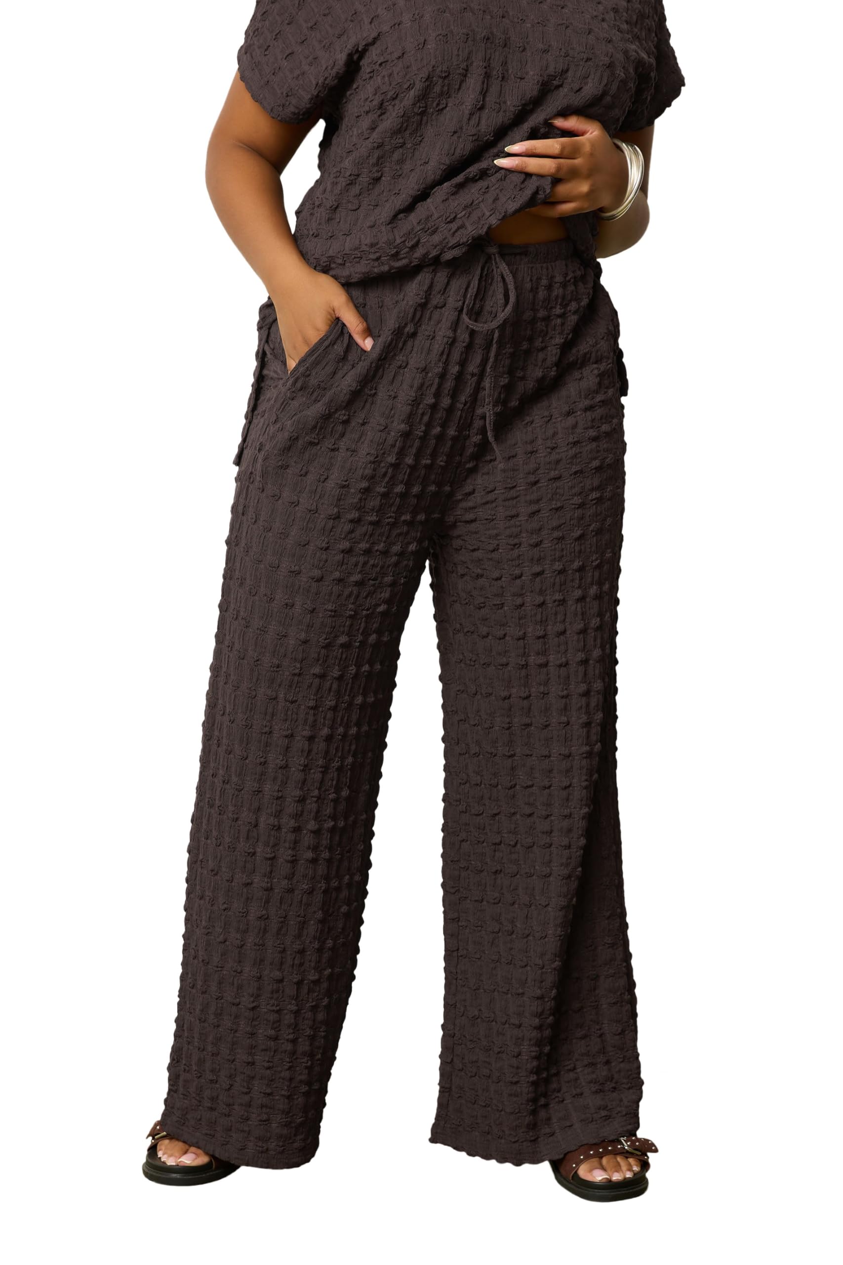 Yours Women's Chocolate Curve Brown Bubble Textured Wide Leg Trousers - Plus Size Curve