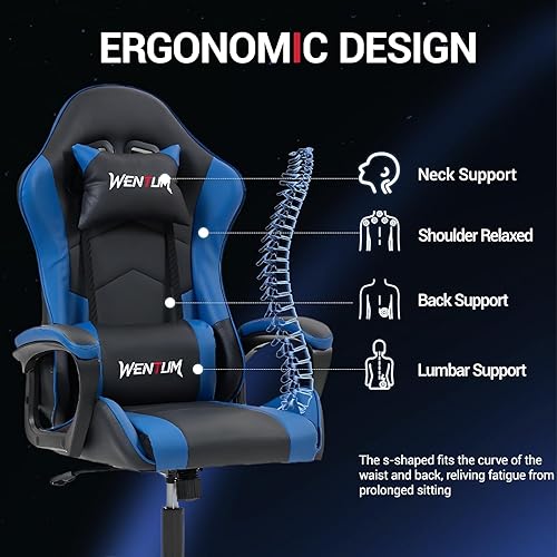 Miniatura 4 de Silla de videojuegos de piel sintética para masaje, silla de videojuegos para PC con soporte lumbar para hombres y mujeres, oficina en casa, altura