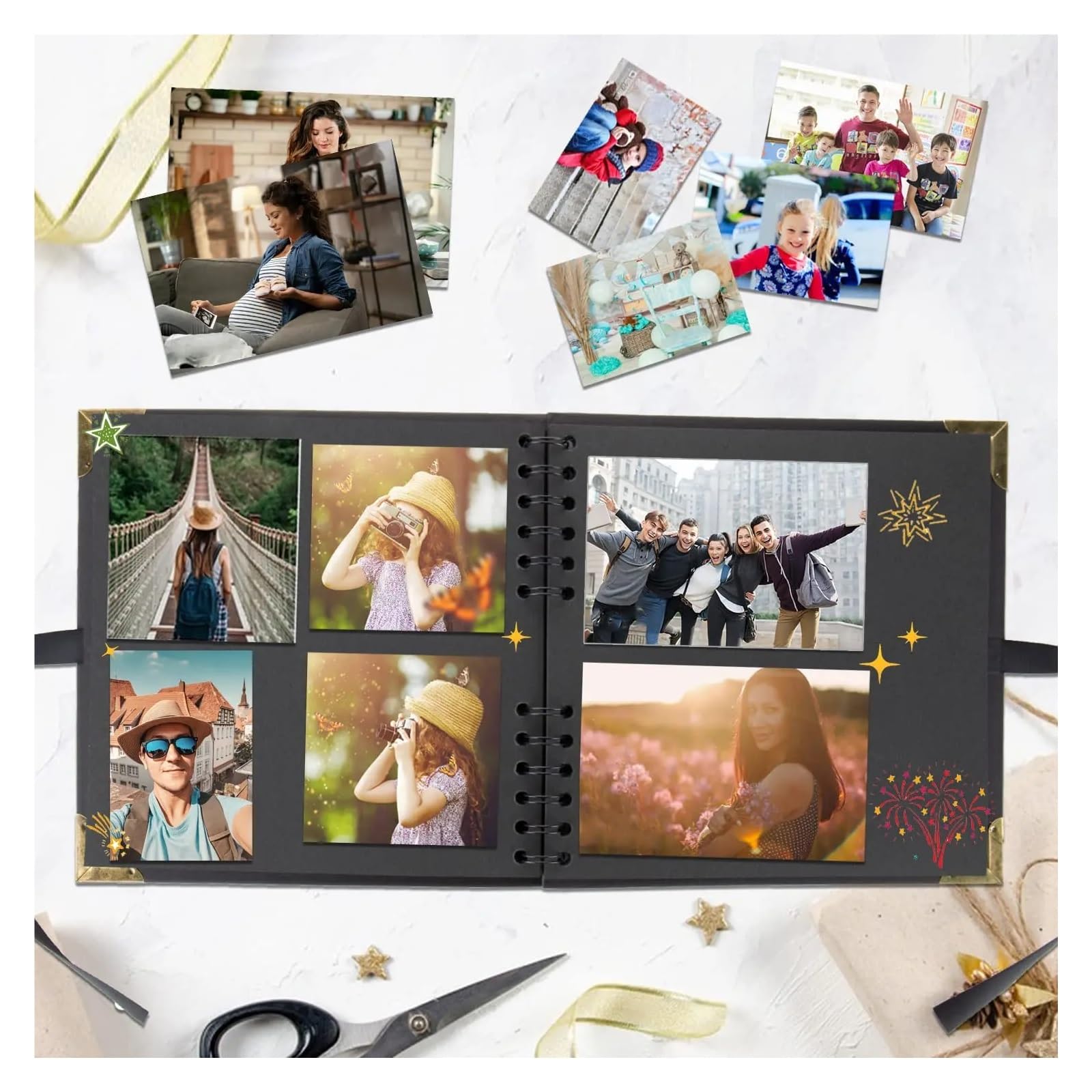 Álbum de fotos de recortes (8 x 8 pulgadas), 60 páginas, ideal for hacer tú mismo, for fotos familiares de bodas y aniversarios.(Black)