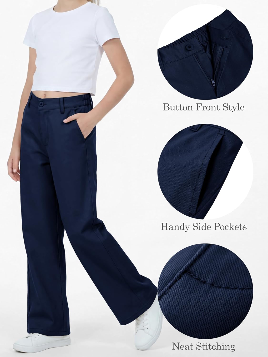 Resinta 3 Pack Girls Uniform Pants, Wide Leg Straight Fit School Uniform Pants for Girls with Zipper Fly & Pockets, 5-15Y