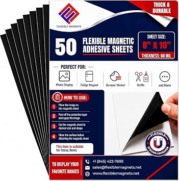 Flexible Magnets Sheet with Adhesive Backing, 60 Mil, 8" x 10", 50 Pack
