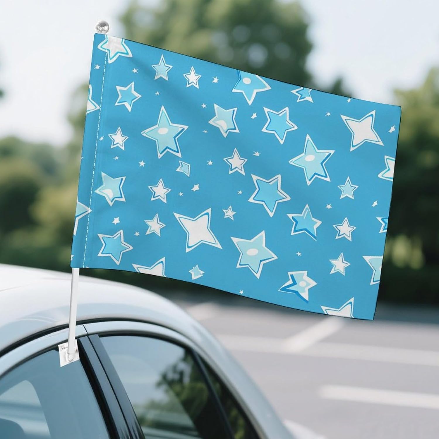 Light Blue Star Car Flag Polyester Clip Flags Mini Handheld Banners for Auto Outside Travel Decor image 4