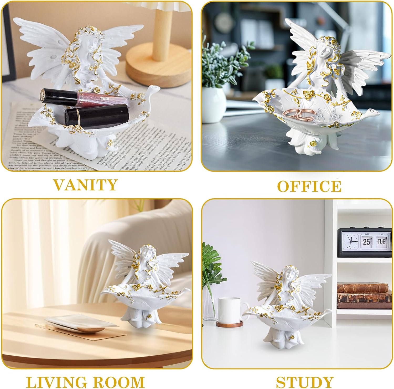 6 Inch Elegant Angel Jewelry Tray, Exquisite Resin Angel Statue Decorative Dish, Unique Jewelry Holder for Bedroom or Living Room Decor