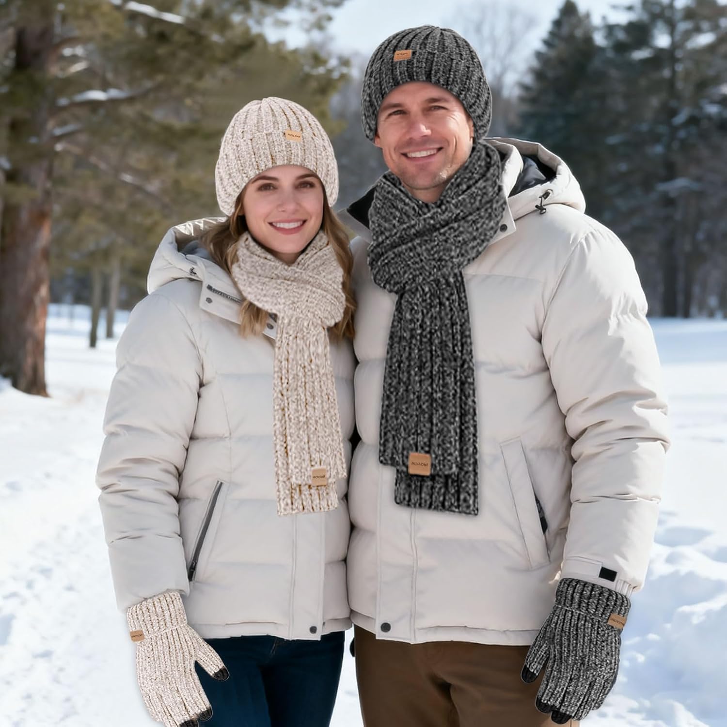 Womens Winter Beanie Hat Scarf Gloves Headband Set, Chenille Men Winter Knit Hats Touchscreen Gloves Fleece Lined Knit Scarfs - Image 7